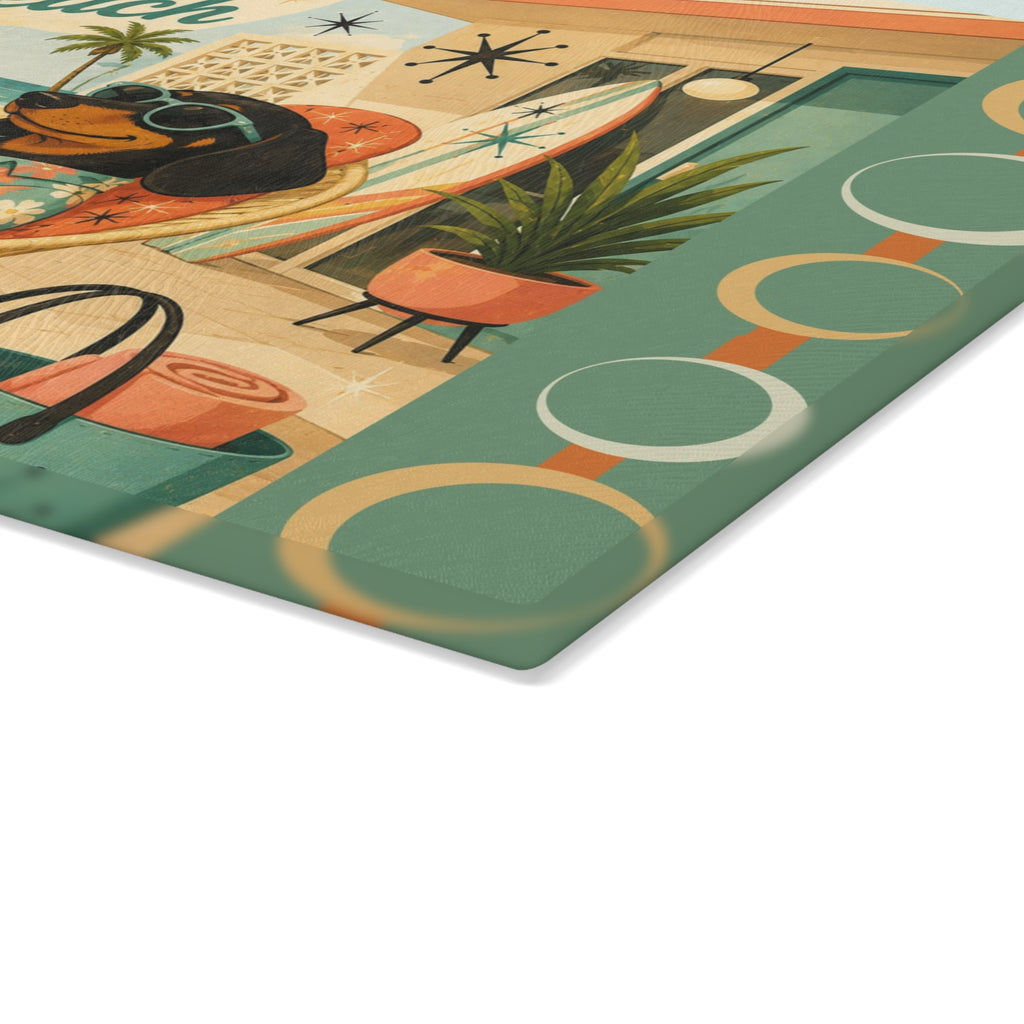 Life Is Better at the Beach Dachshund Glass Cutting Board | Retro Beach Scene