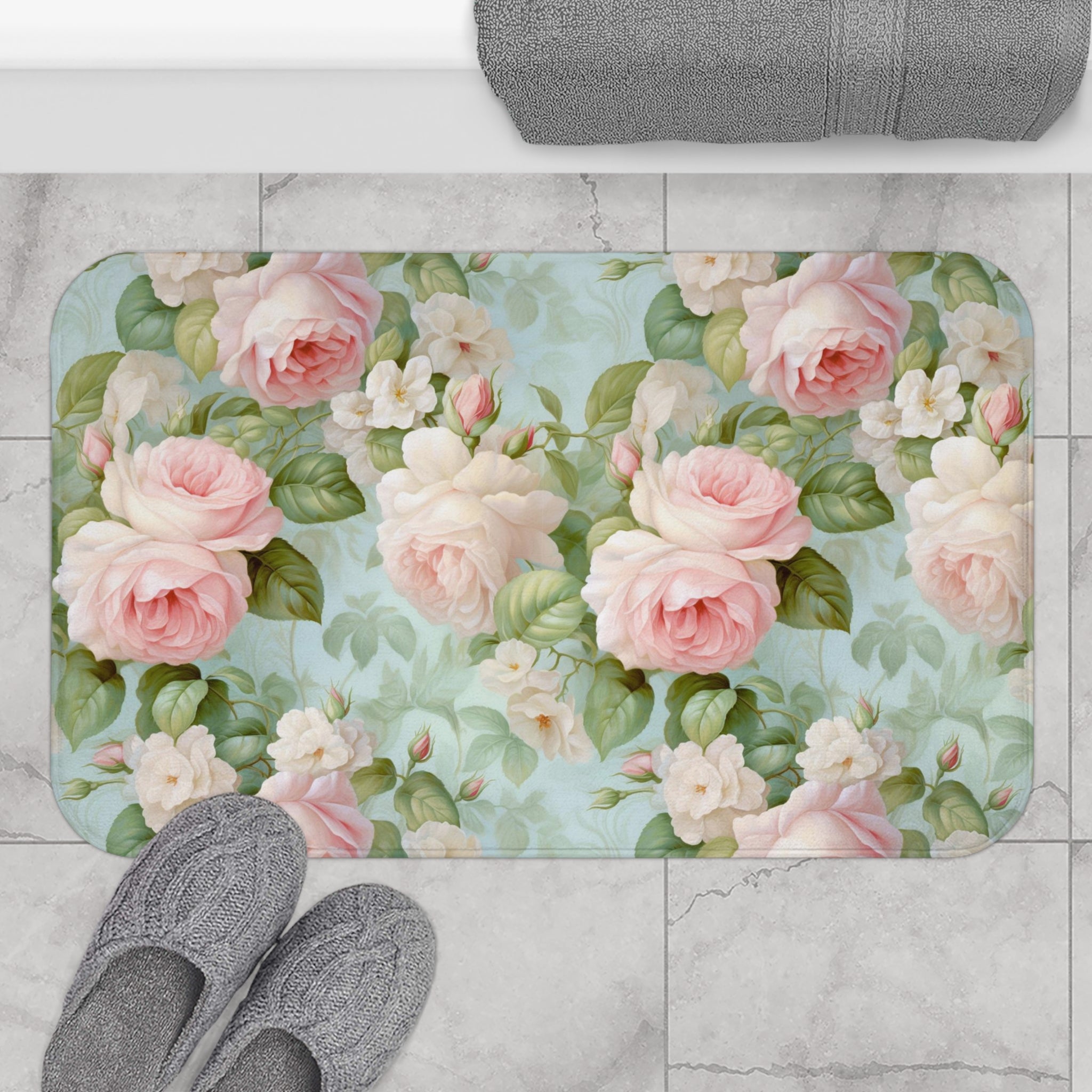 Pink vintage delicate roses Bath Mat, French vintage inspired, floral, anti-slip, shabby chic style bath mat