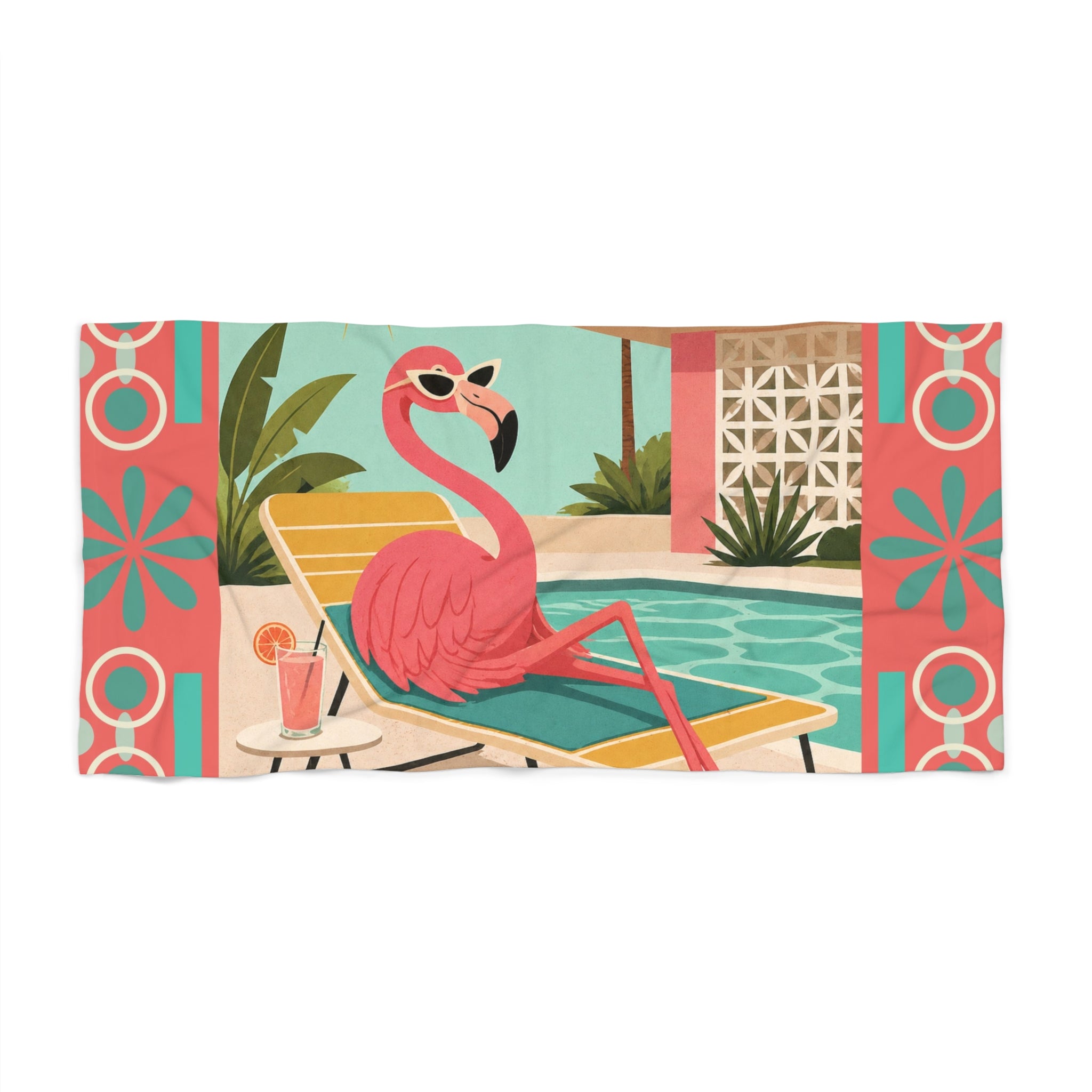 Retro Flamingo Pool Lounge Beach Towel | Tropical Mid Century Resort Vibe