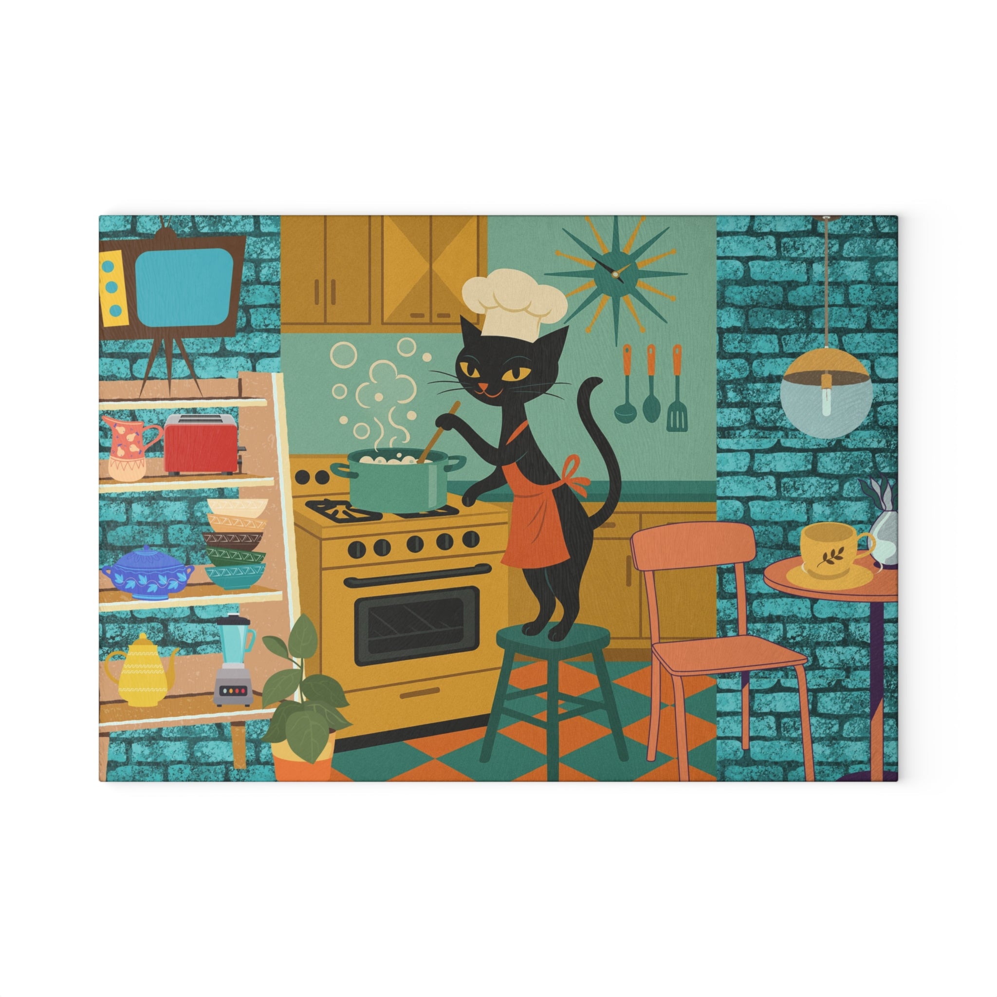 Whimsical Atomic Cat Glass Cutting Board, Retro Kitchen Decor, black Cat Lover Gift, Unique Cooking Accessory, Fun Gift Idea for Home