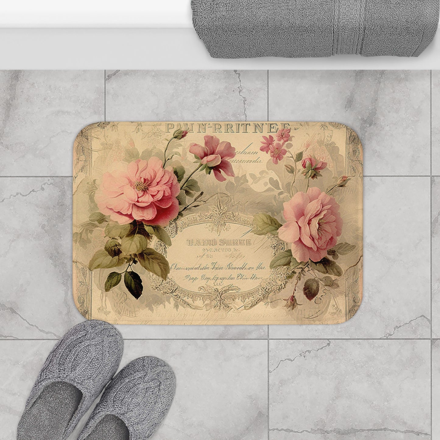 Pink old fashioned roses shabby chic Bath Mat, Farmhouse decor, non-slip bathmat, country cottage, French vintage inspired bath mat