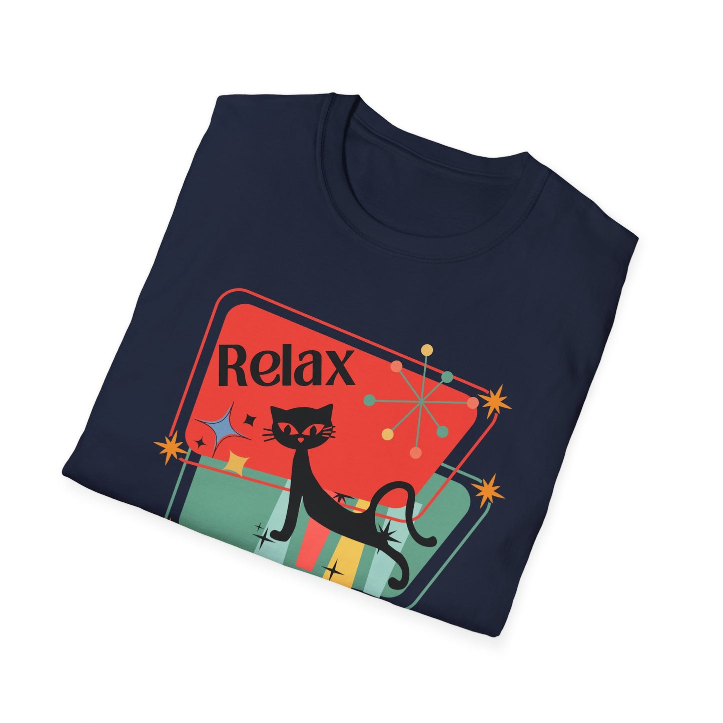 Atomic cat "Relax"retro Unisex Softstyle T-Shirt, mid century modern, black cat lover gift, cute cat shirt, yoga shirt, holiday shirt