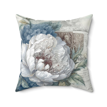 Blue with large white flower floral shabby chic Square Pillow, vintage inspired, couch scatter throw cushion, living room decor