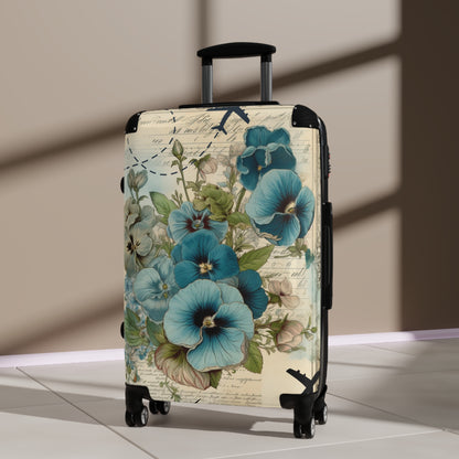 Big blue pansy Suitcase on wheels with planes, holiday weekend, carry on luggage, large roller suitcase, floral travel luggage