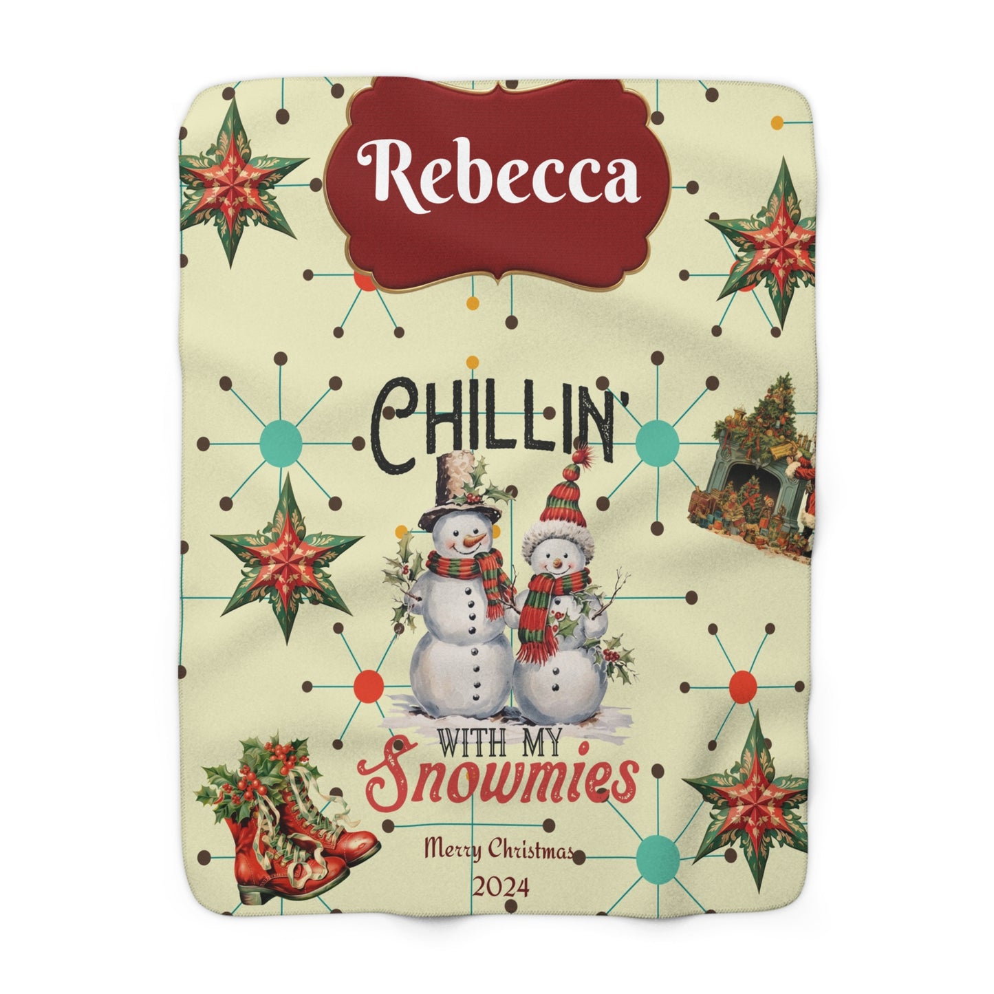 Personalized Christmas "Chillin with my Snowmies Sherpa Fleece Blanket, retro xmas decor, snuggle rug, holiday season, named Christmas gift