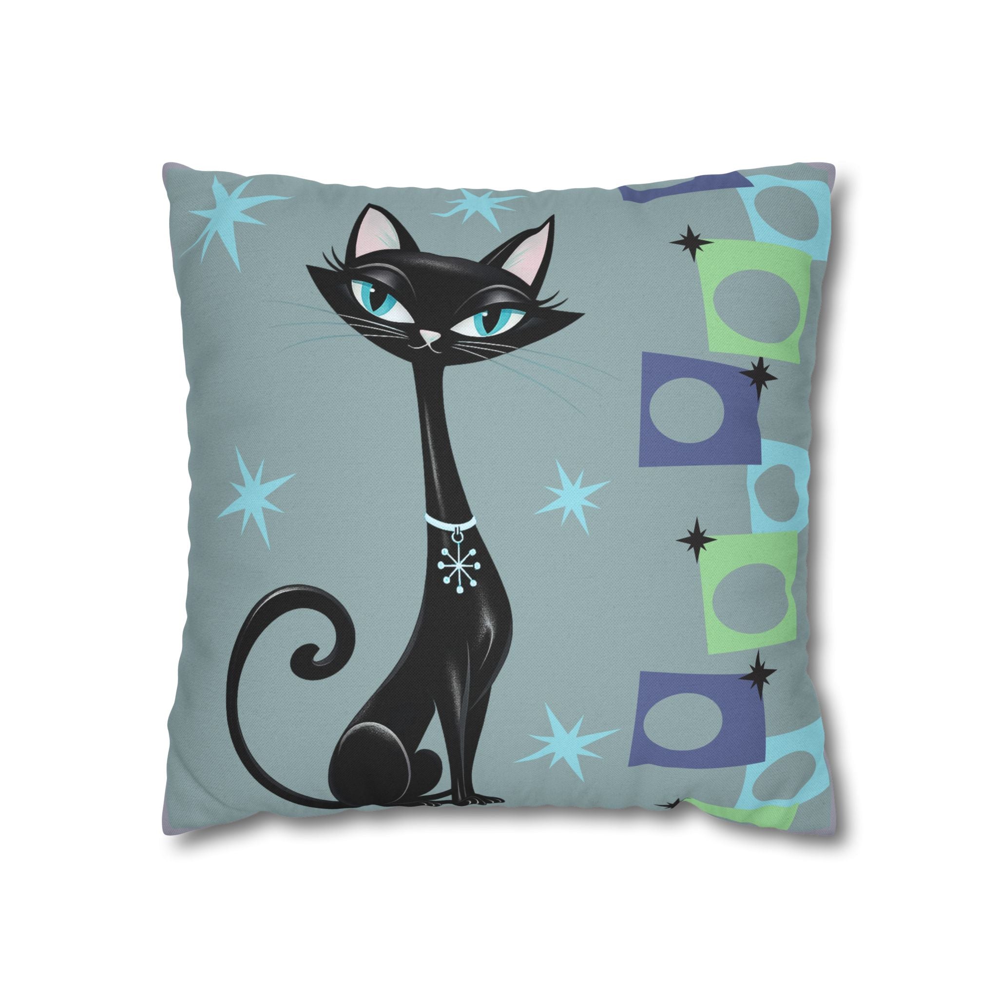 Retro Atomic Black Cat Pillowcase | Square Polyester Throw Pillowcase MCM