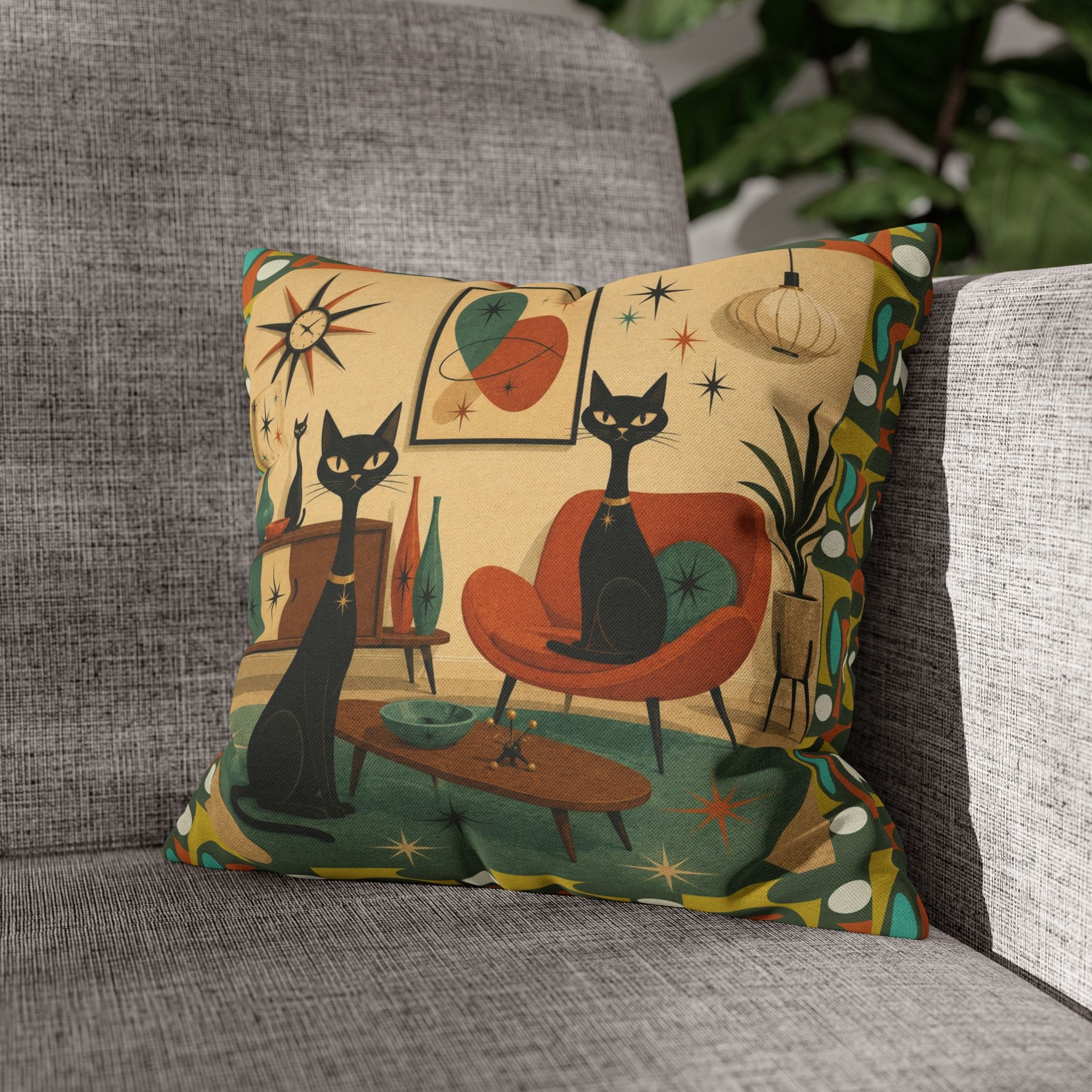 Mid Century Atomic Cats Pillowcase | Retro Atomic Living Room Throw Pillow - COVER ONLY