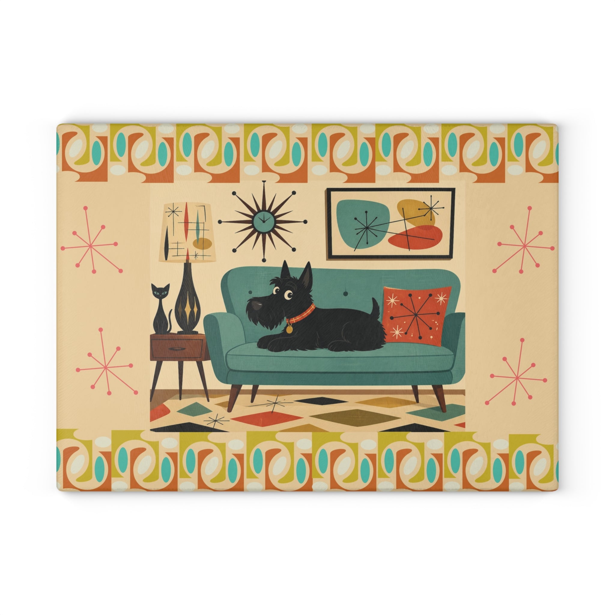 Mid Century Living Room Scotty Dog Glass Cutting Board | Retro Atomic Art
