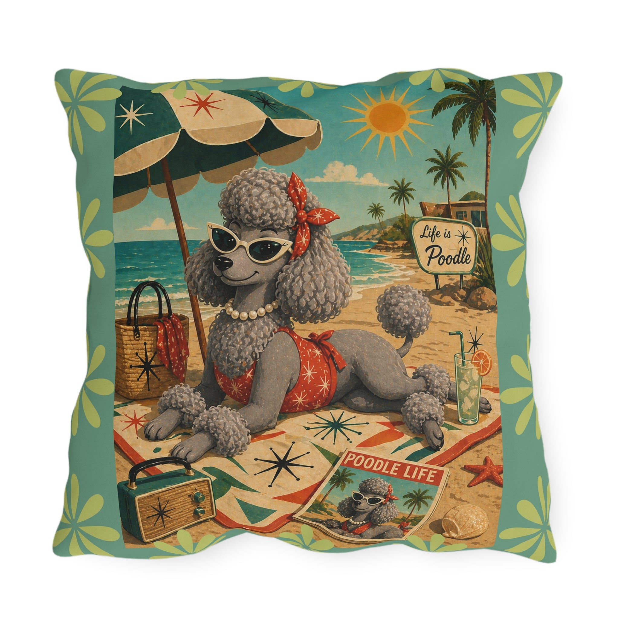 Retro Beach Poodle Outdoor Pillow | Vintage MCM Pinup Dog Tropical Scene
