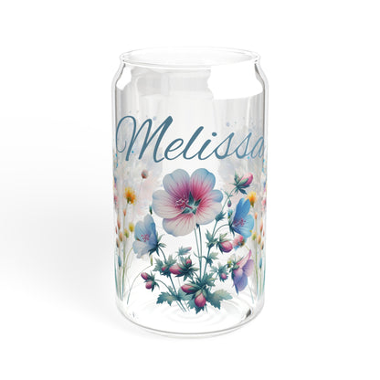 Personalized floral name Sipper Glass, 16oz, wildflowers glass, cute coffee cup, iced coffee glass with lid and straw