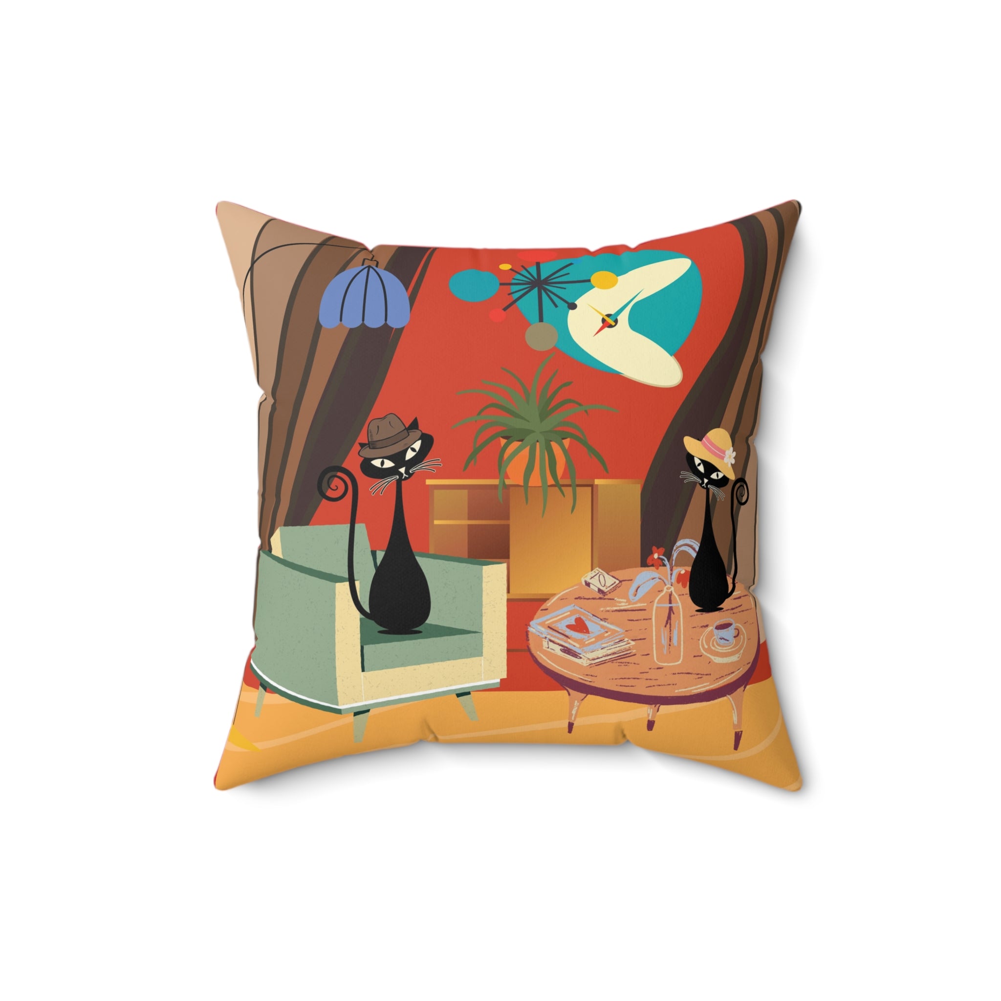 Atomic cat MCM Spun Polyester Square Pillow, retro scatter throw cushion, Mid Century Modern, black cat lover gift