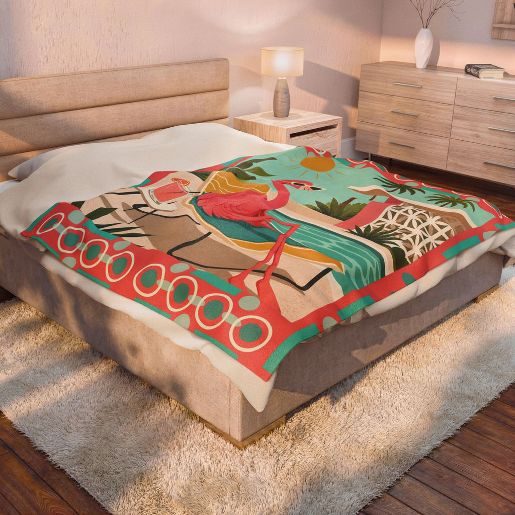 Retro Flamingo Poolside Velveteen Plush Blanket | Mid Century Tropical Design