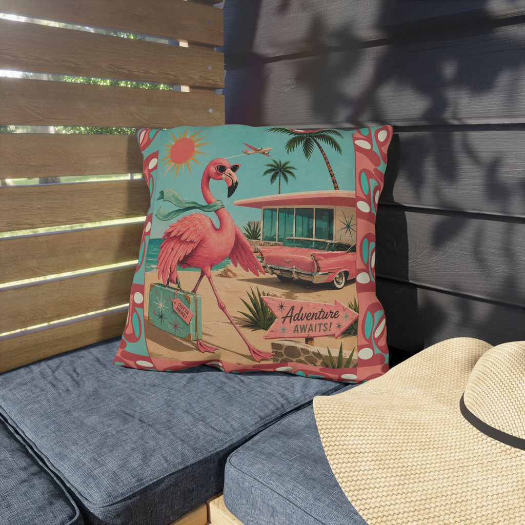 Retro Flamingo fly away Travel Illustration Outdoor Pillow | Mid Century Beach Adventure