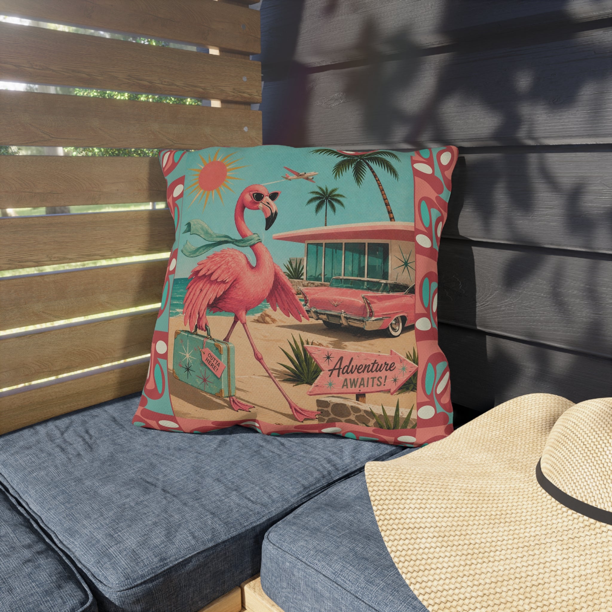 Retro Flamingo fly away Travel Illustration Outdoor Pillow | Mid Century Beach Adventure