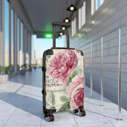 Vintage rose shabby chic style Suitcase on wheels, travel holiday luggage, carry on bag, lockable hard shell case