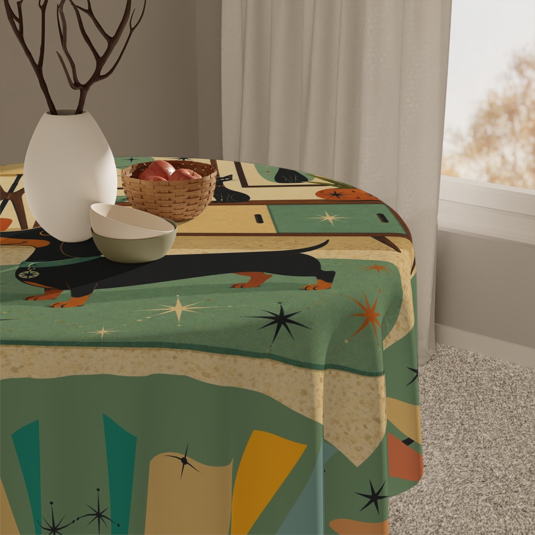 Mid Century Dachshund Living Room Tablecloth | Retro Atomic tableware