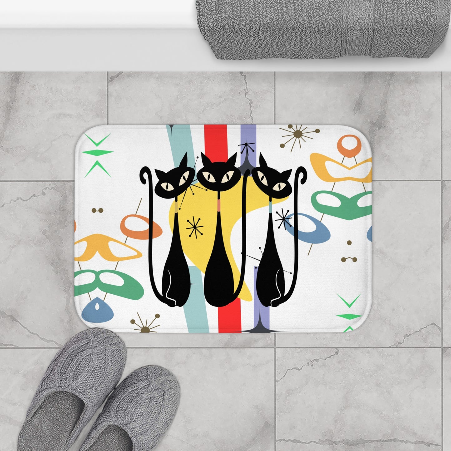 Mid Century Modern Atomic cat retro Bath Mat, bathroom decor, non slip bath mat