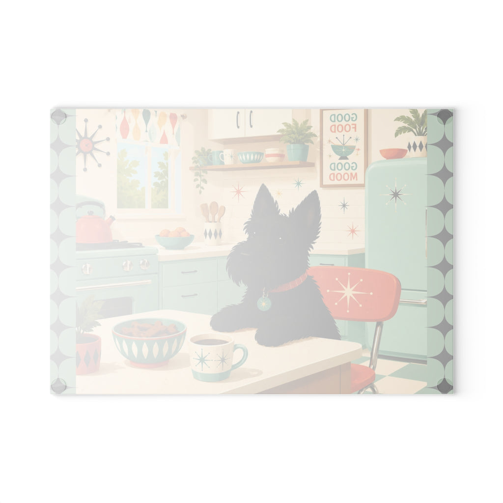 Retro Kitchen Scottish Terrier Glass Cutting Board | Mid Century Dog Art