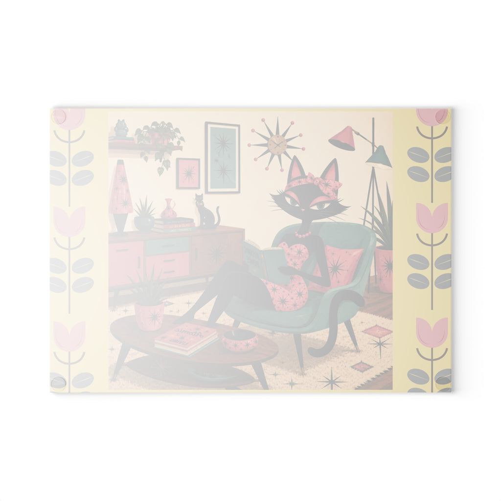 Retro Lounge Atomic Cat Glass Cutting Board | Mid Century Kitchen Decor
