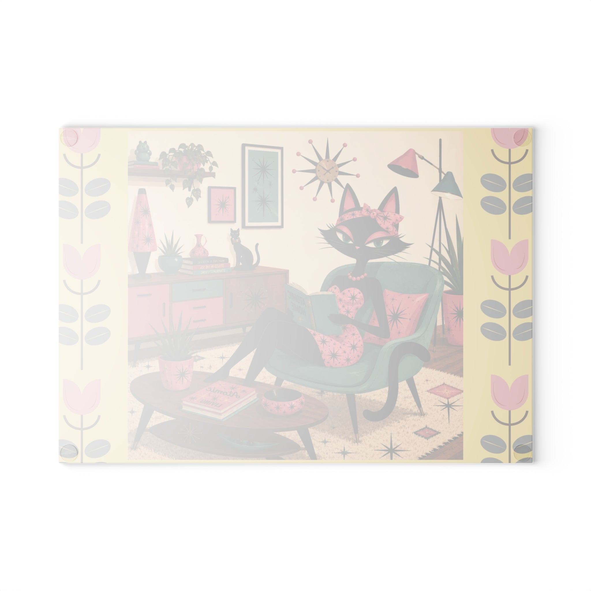 Retro Lounge Atomic Cat Glass Cutting Board | Mid Century Kitchen Decor