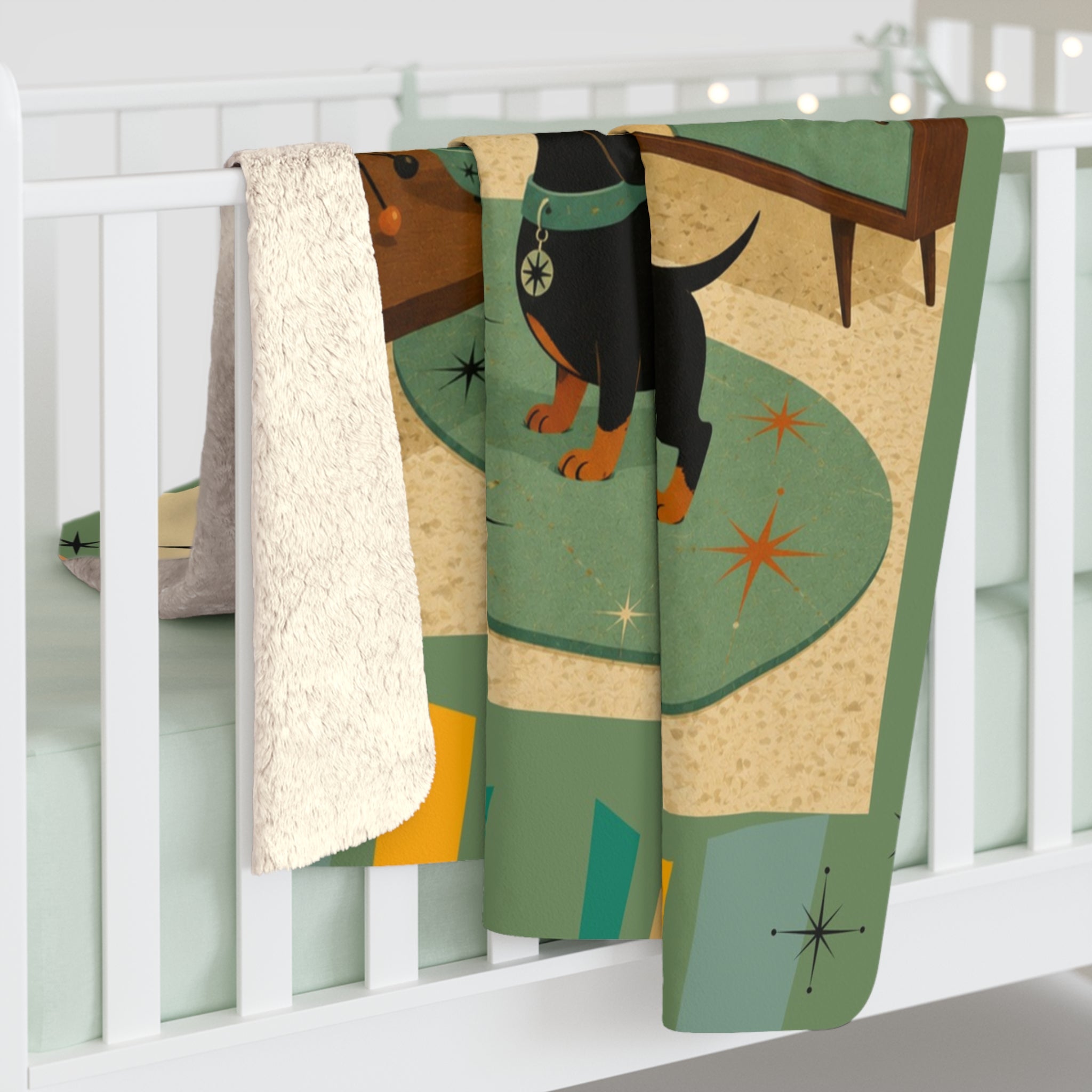 Mid Century Dachshund Living Room Sherpa Fleece Blanket | Retro Atomic Home