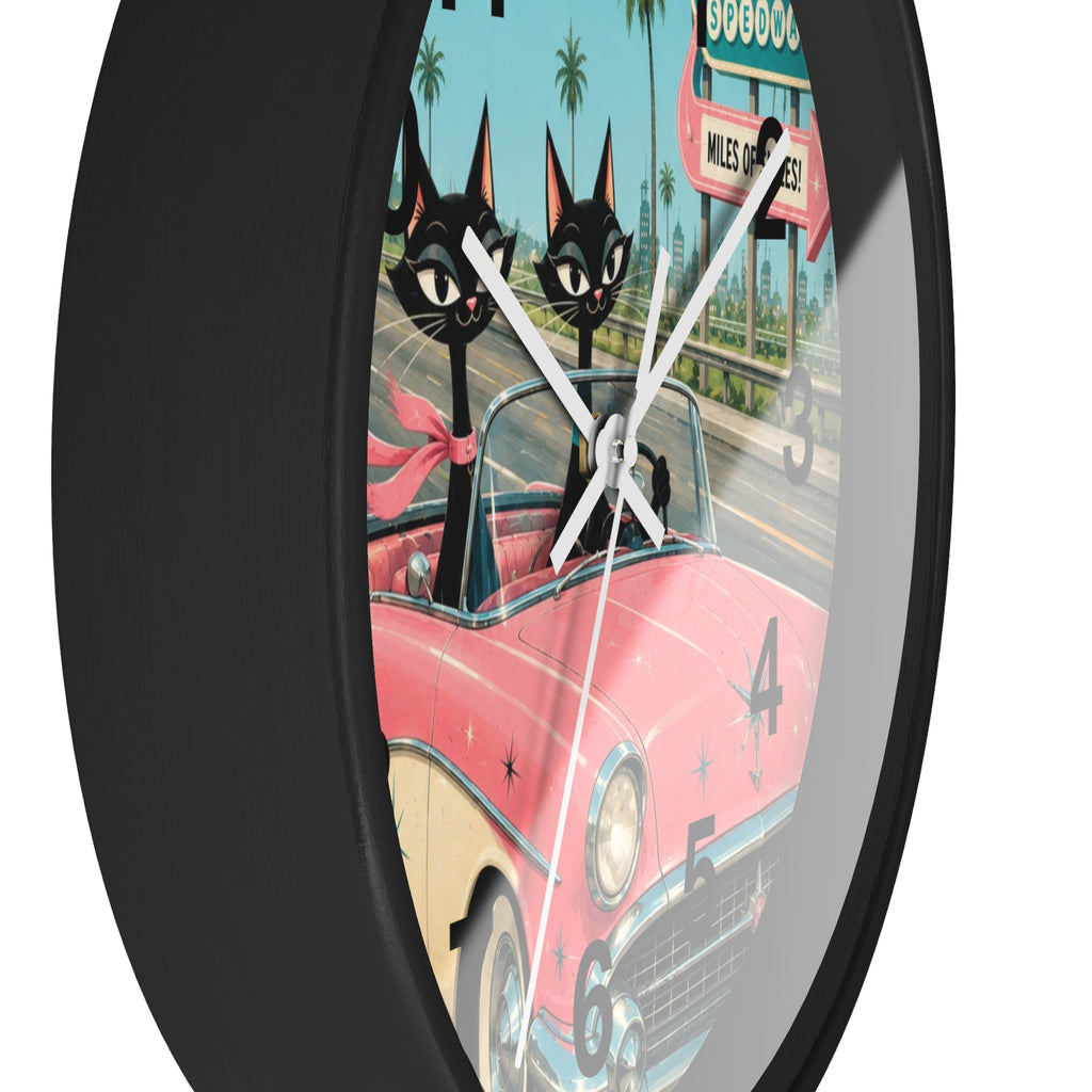 Retro Atomic Cat Roadtrip Wall Clock | Vintage Pink Convertible, Palm Trees
