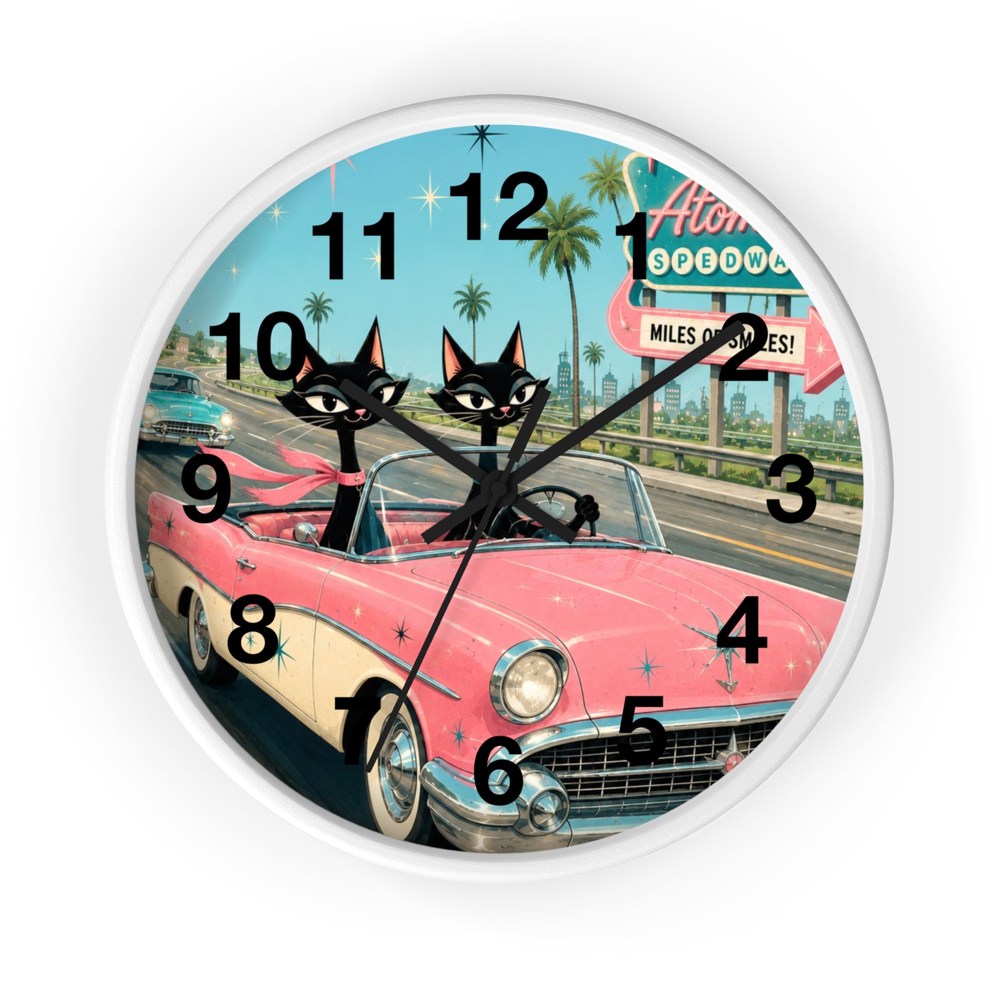 Retro Atomic Cat Roadtrip Wall Clock | Vintage Pink Convertible, Palm Trees