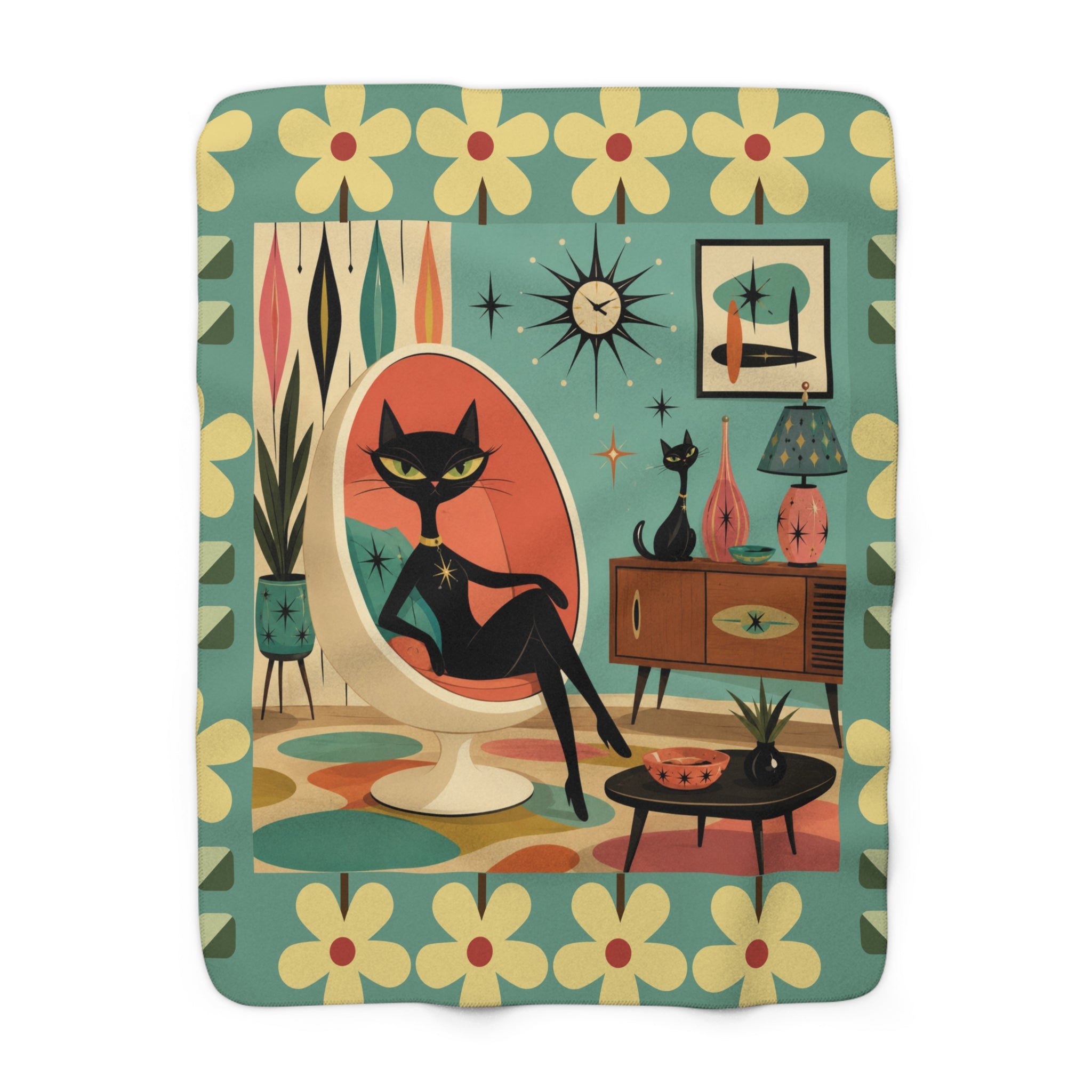 Mid-Century Retro Atomic Cat in Egg chair Lounge Sherpa Fleece Blanket | Vintage Mod Cat
