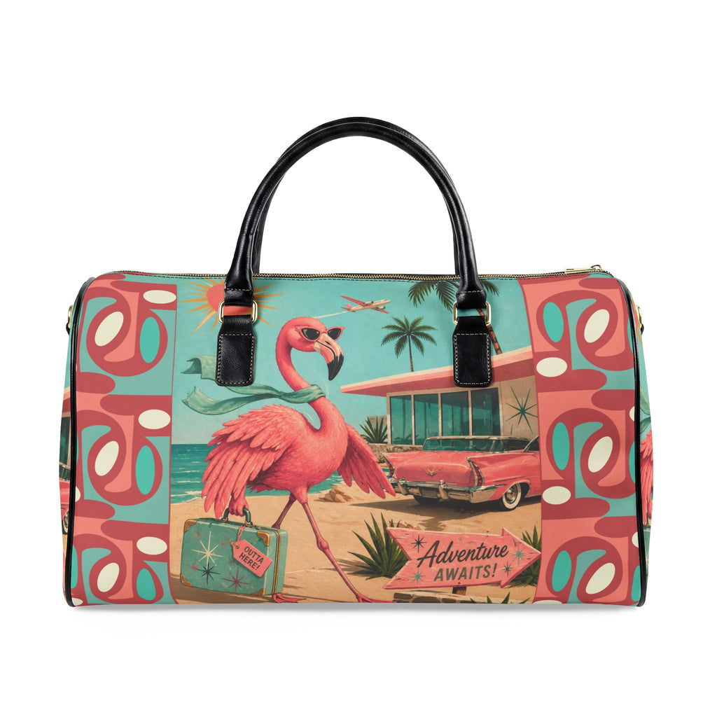 Retro Flamingo fly away Beach Duffle Faux Leather Travel Bag | Vintage Tiki Roadtrip