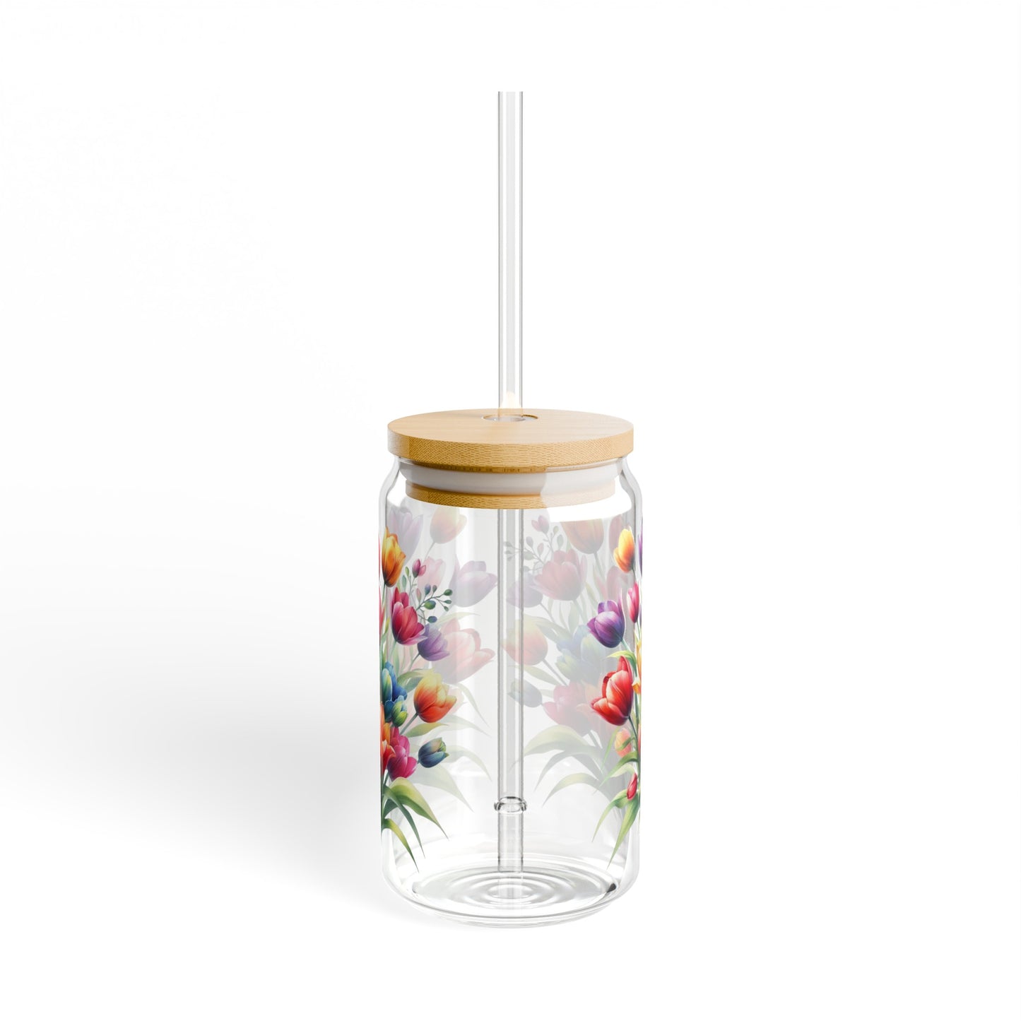 Colorful tulips floral Sipper Glass, 16oz, flower drinking glass, cocktail glass, coffee cup, iced coffee glass