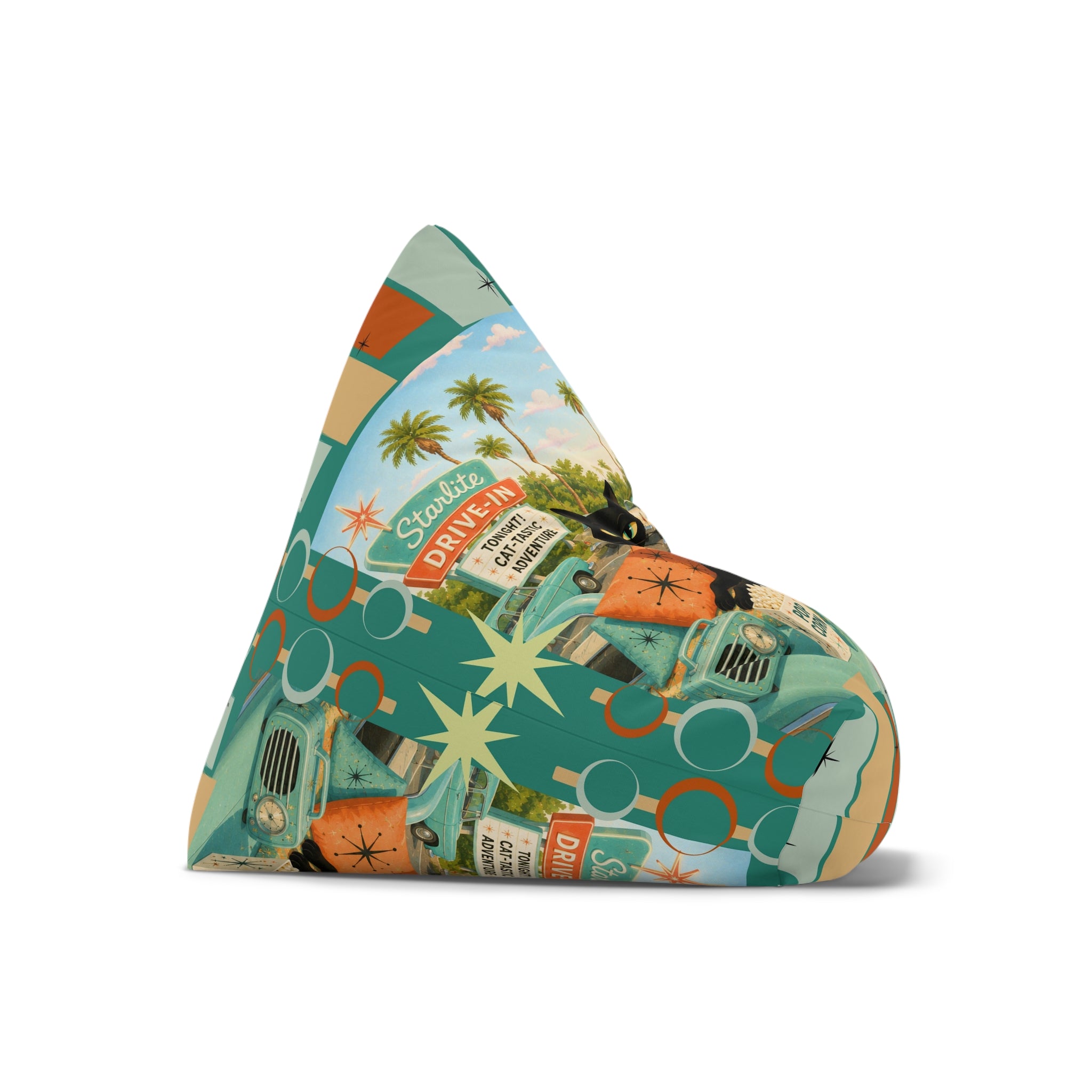 Atomic cat Vintage Road Trip Illustration Bean Bag Chair Cover | Retro Camper Popcorn Palm Trees