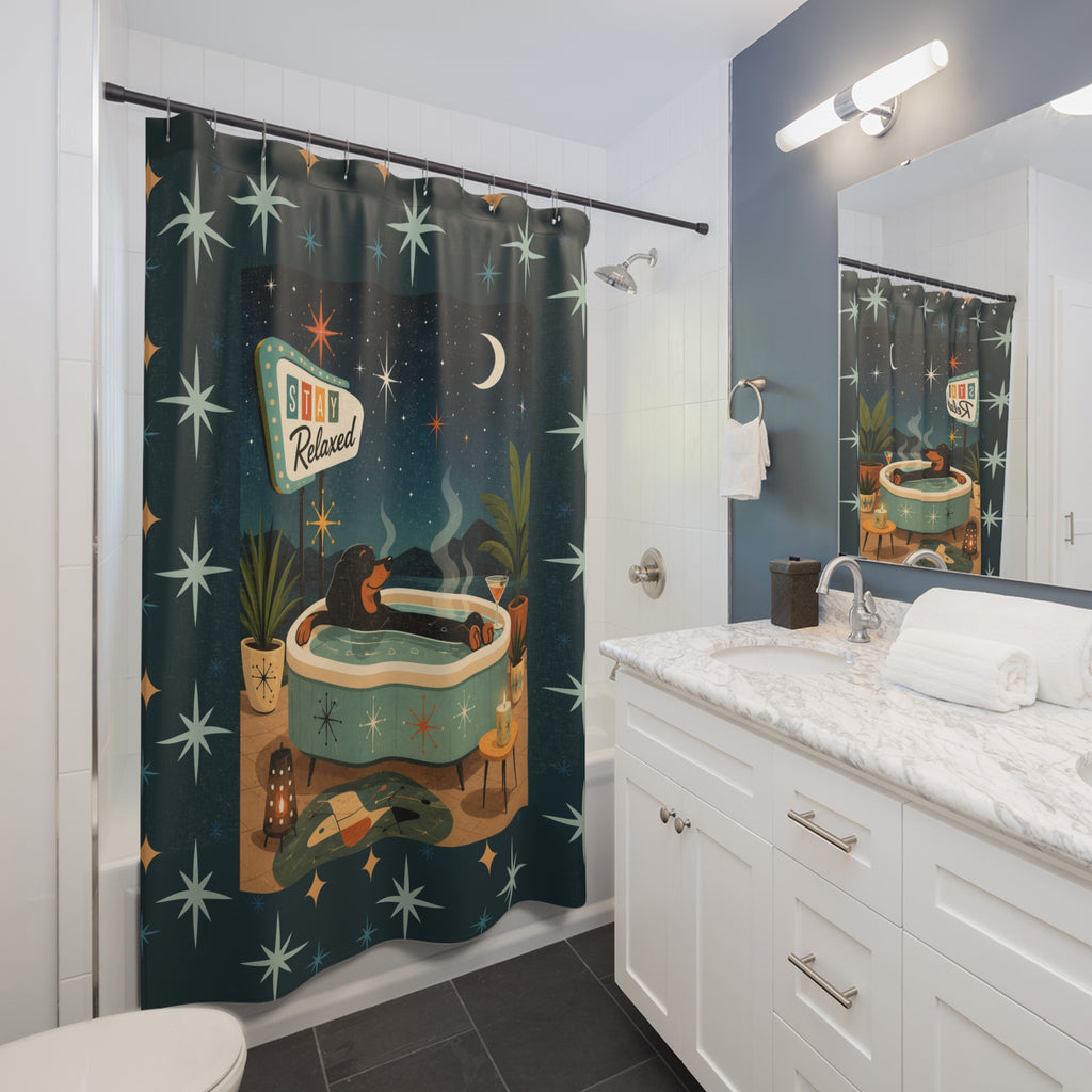 MCM Dachshund Stay Relaxed Retro Bath Scene Shower Curtain | Mid Century Night Soak