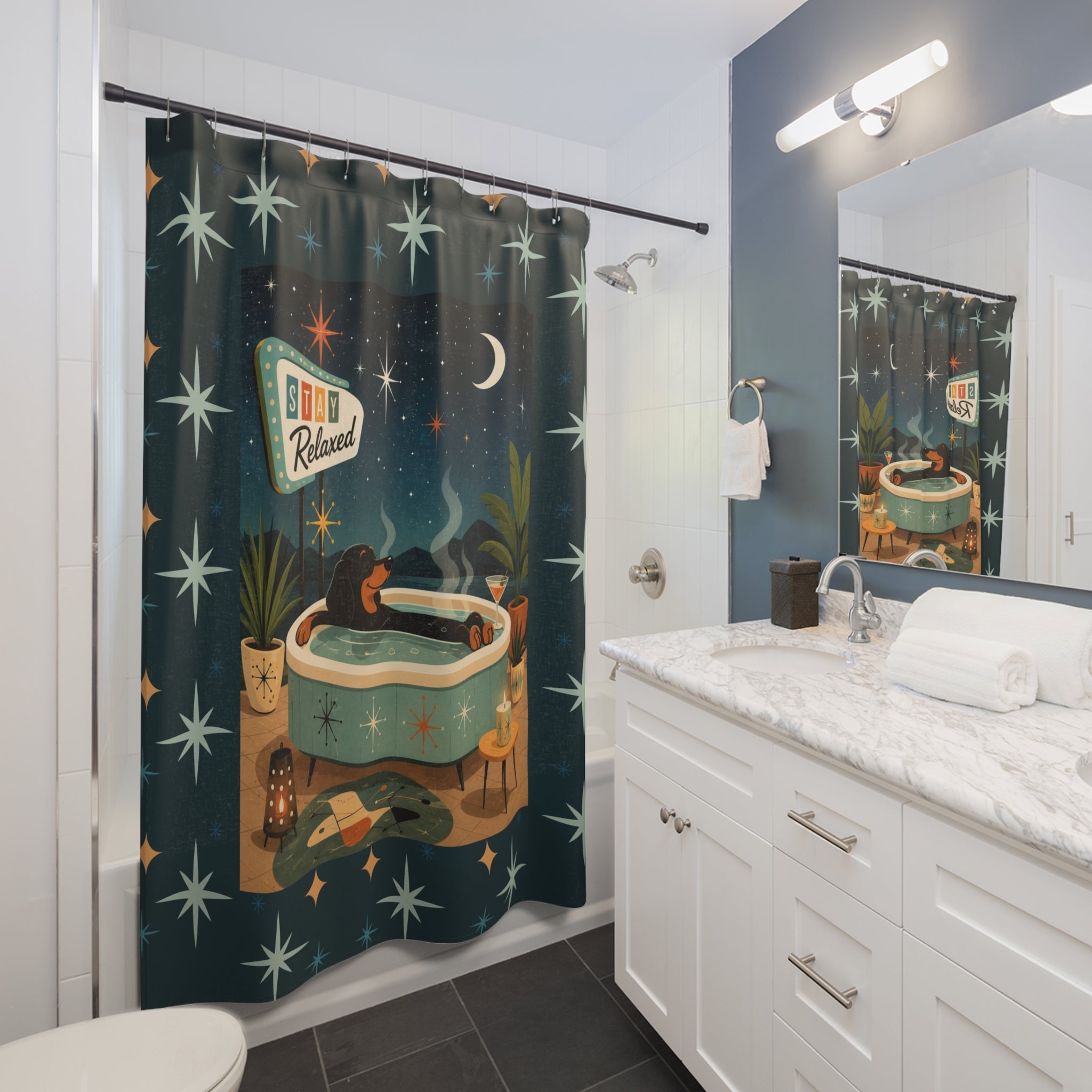 MCM Dachshund Stay Relaxed Retro Bath Scene Shower Curtain | Mid Century Night Soak