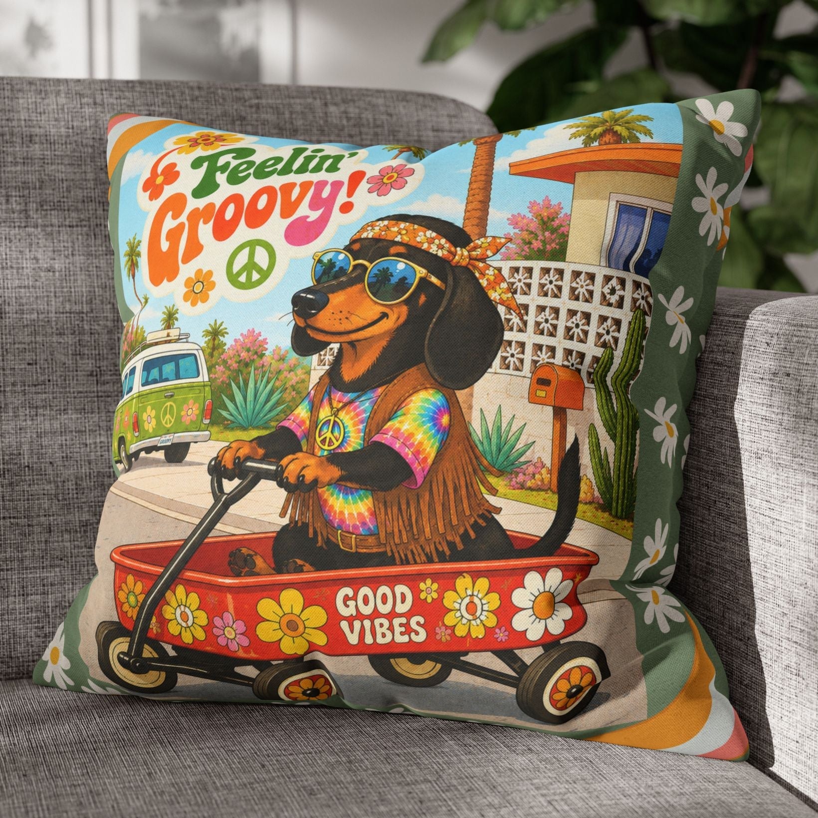 Feelin' Groovy retro Dachshund Pillowcase | 60s 70s pattern Square Decorative Pillow