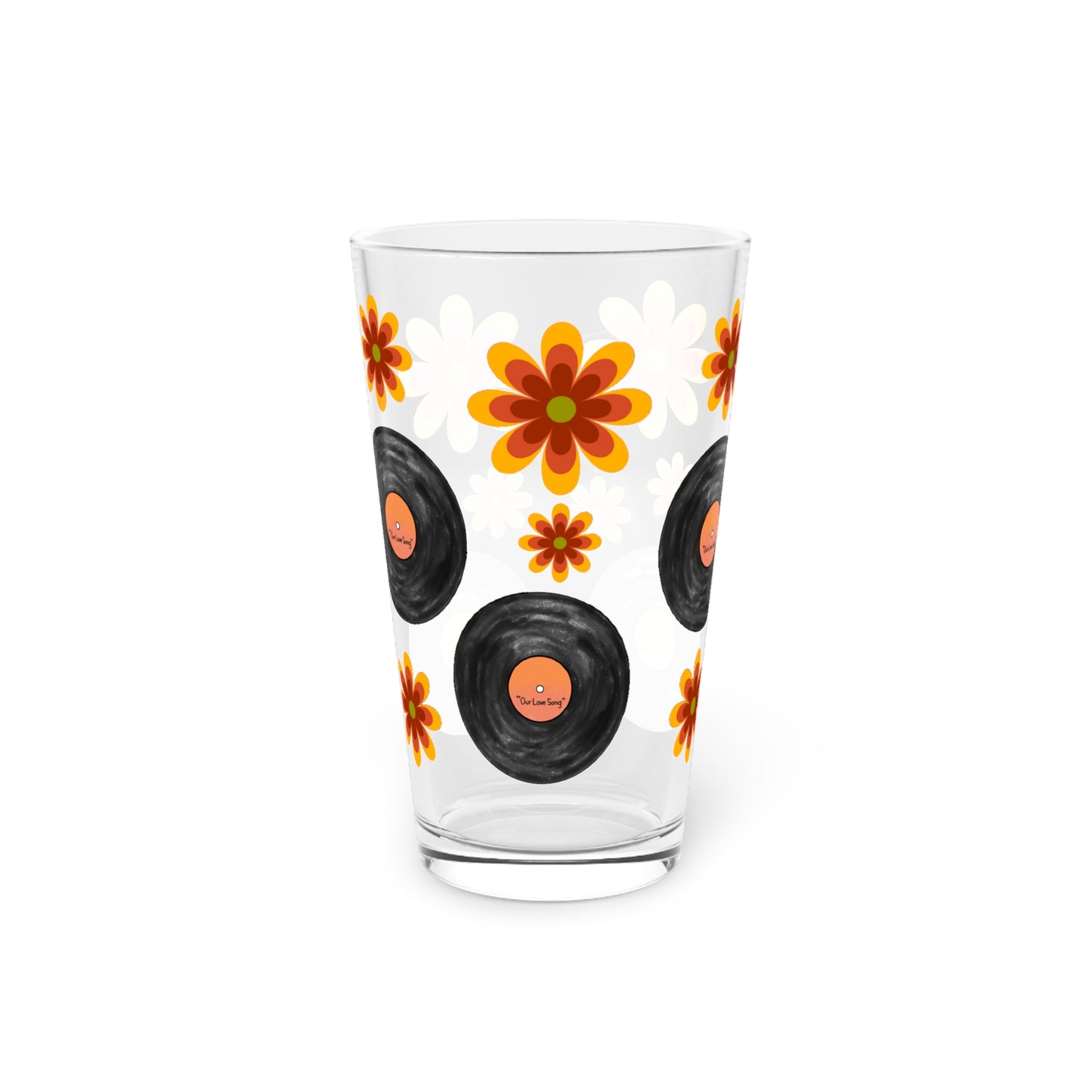 Retro record "Our Song" hippie flowers Pint Glass, 16oz, beverage pint glass (price is per glass)