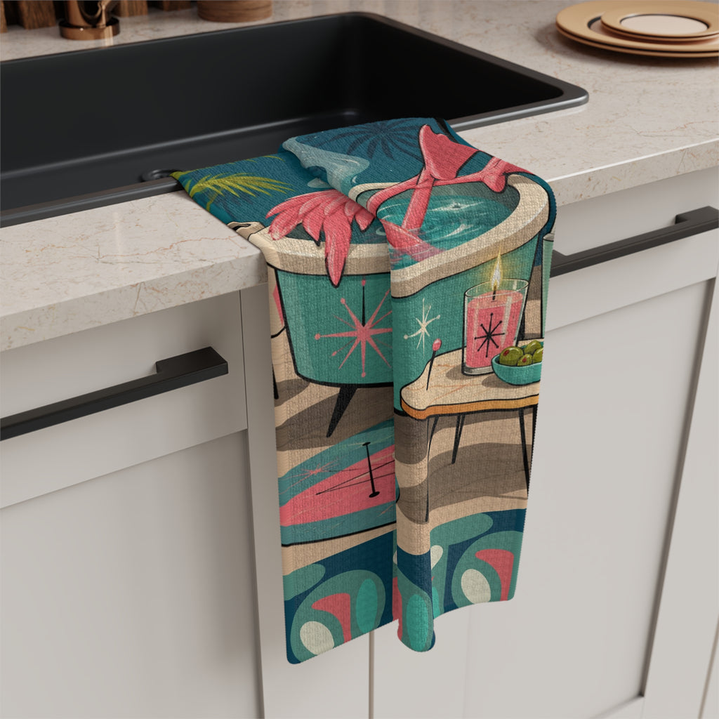 Retro Flamingo in Hot Tub Microfiber Tea Towel | Mid Century Tropical