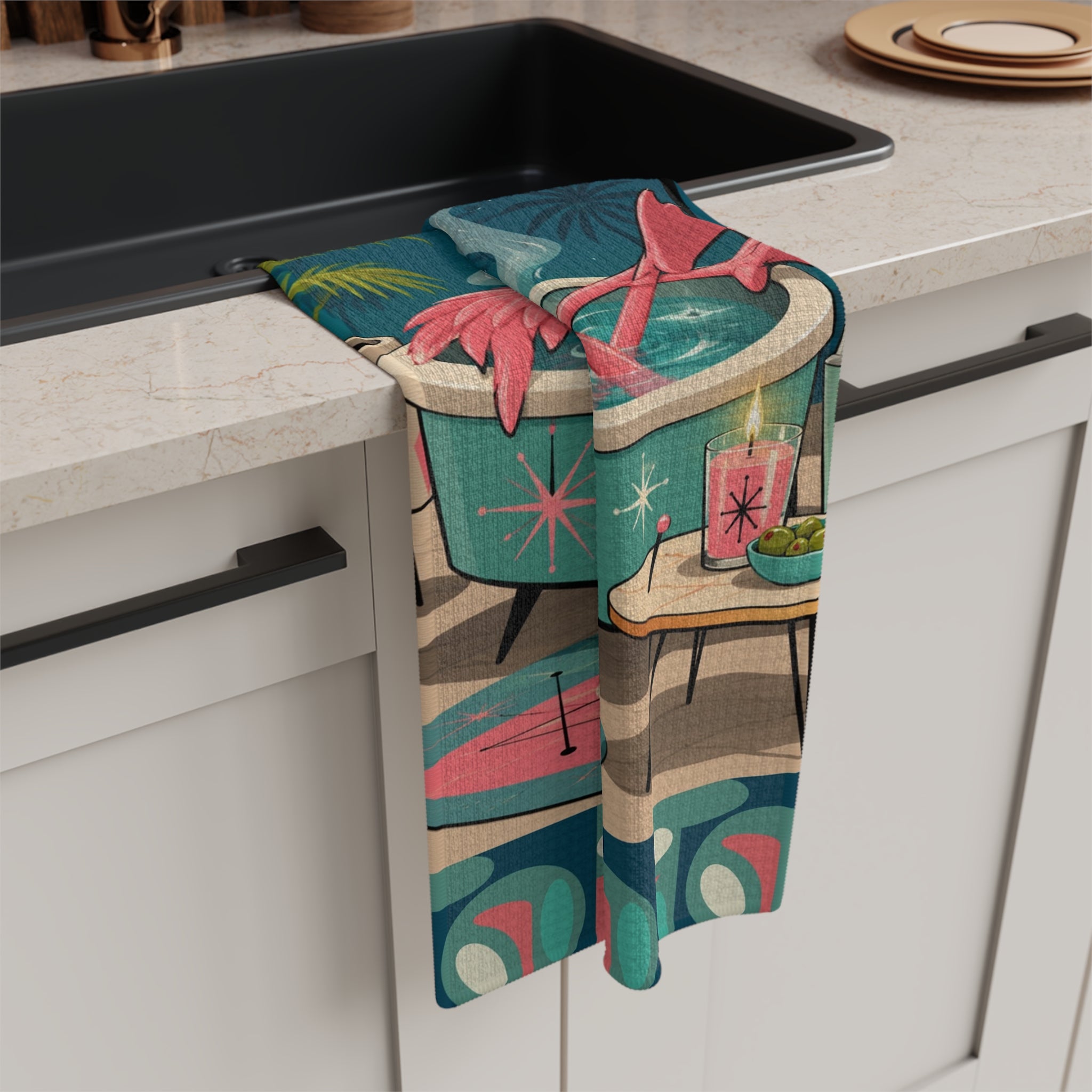 Retro Flamingo in Hot Tub Microfiber Tea Towel | Mid Century Tropical
