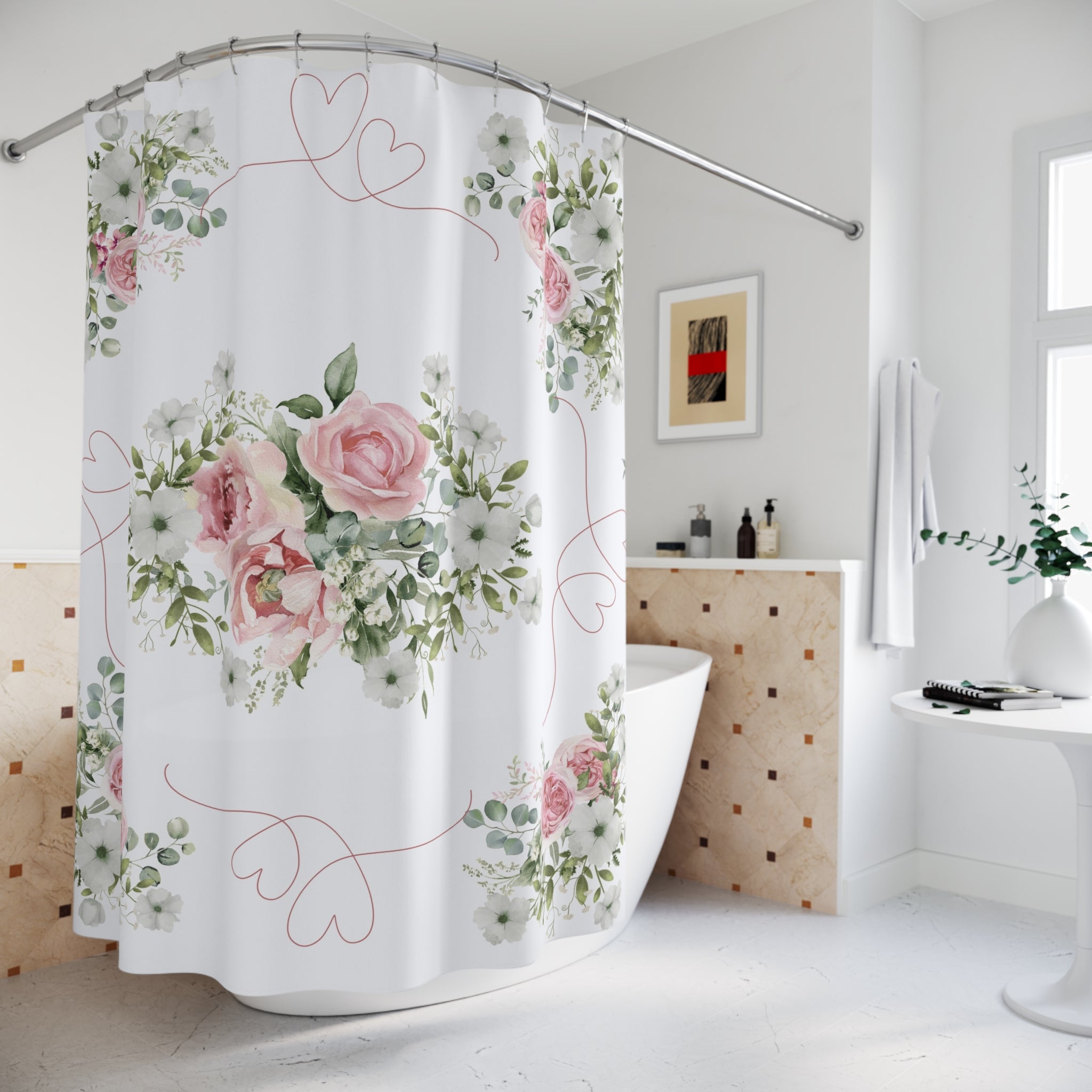 Pink roses and hearts Shower Curtain, Shabby chic, vintage inspired, farmhouse bathroom, country cottage decor, stall shower curtain
