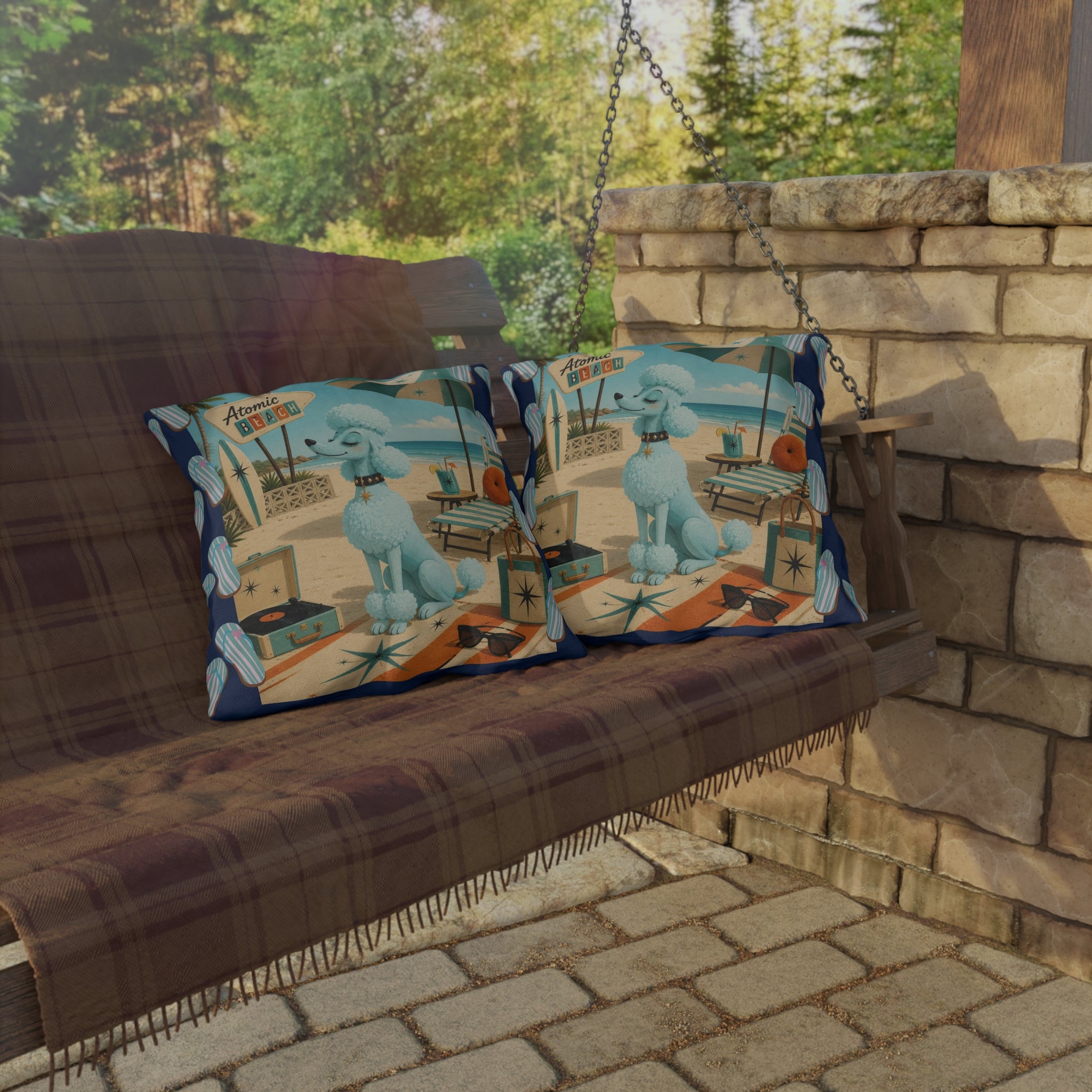 Retro Atomic Beach Blue Poodle Outdoor Pillow | Mid Century Coastal Decor