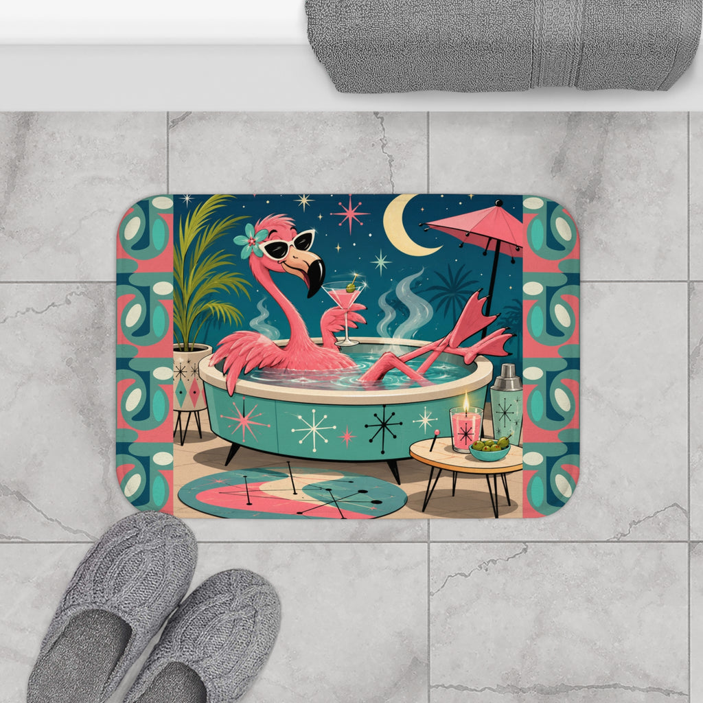 Retro Flamingo Pool Art Bath Mat | Mid Century Tiki Tropical Bath Rug