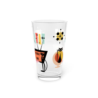 Atomic Bar retro cat Pint Glass, 16oz, retro party glasses, Mid Century barware, cocktail, beer, juice drinking glass,( PRICE PER GLASS)