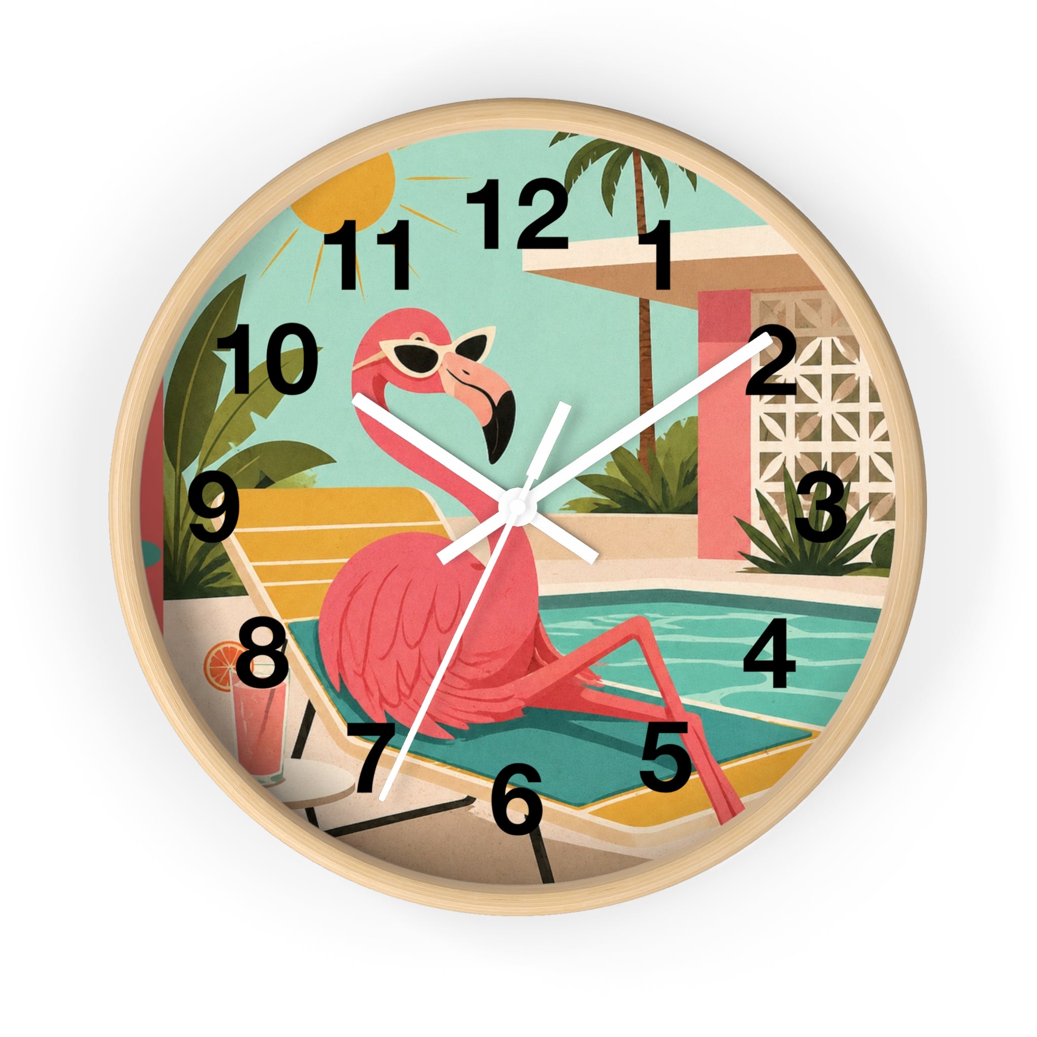 Retro Flamingo Poolside Wall Clock | Mid Century Tropical Illustration