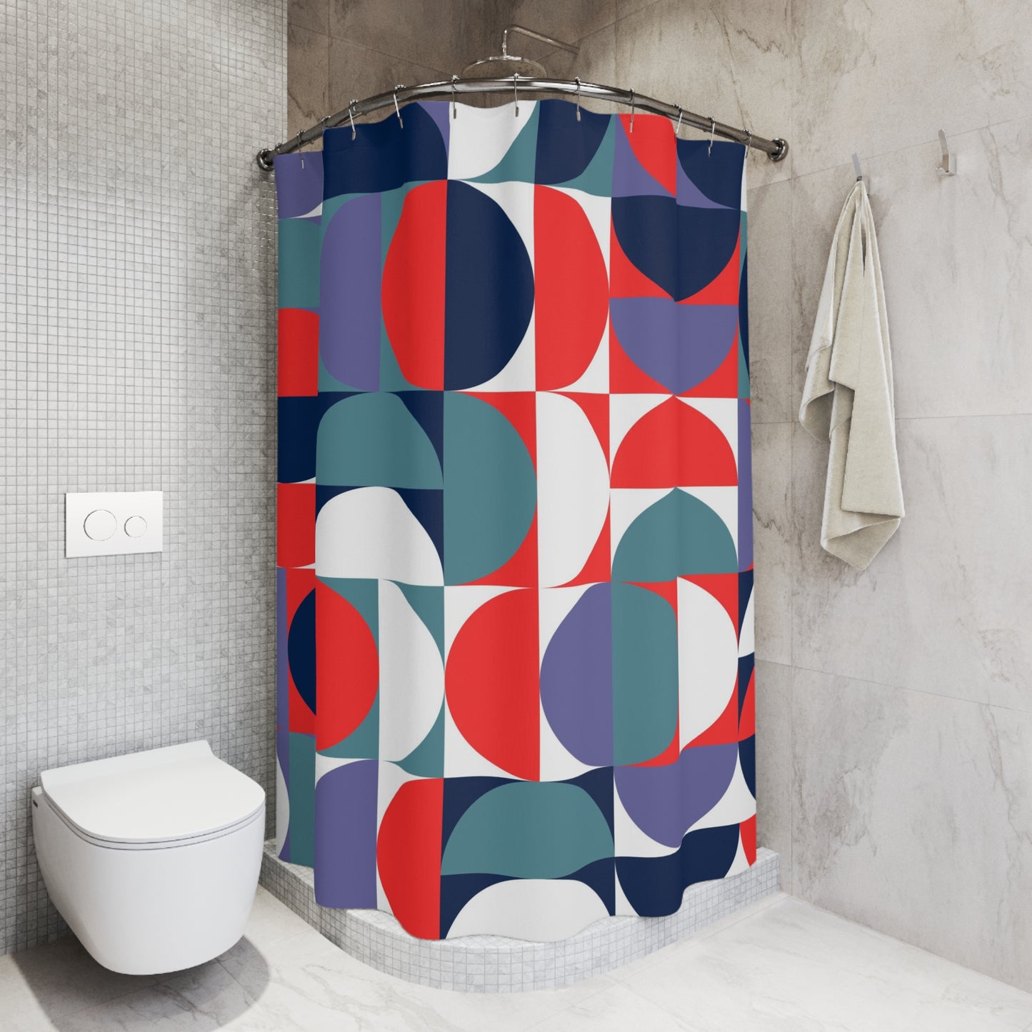 Mid century modern retro red blue teal Polyester Shower Curtain, retro bathroom, MCM home decor