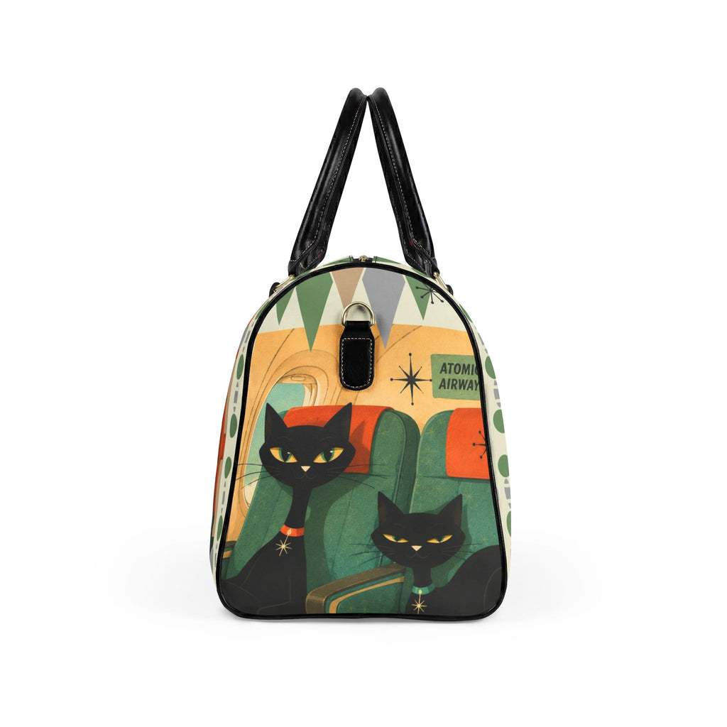 Retro Atomic Black Cats Travel Bag | Faux Leather Duffle, Mid Century Plane Scene