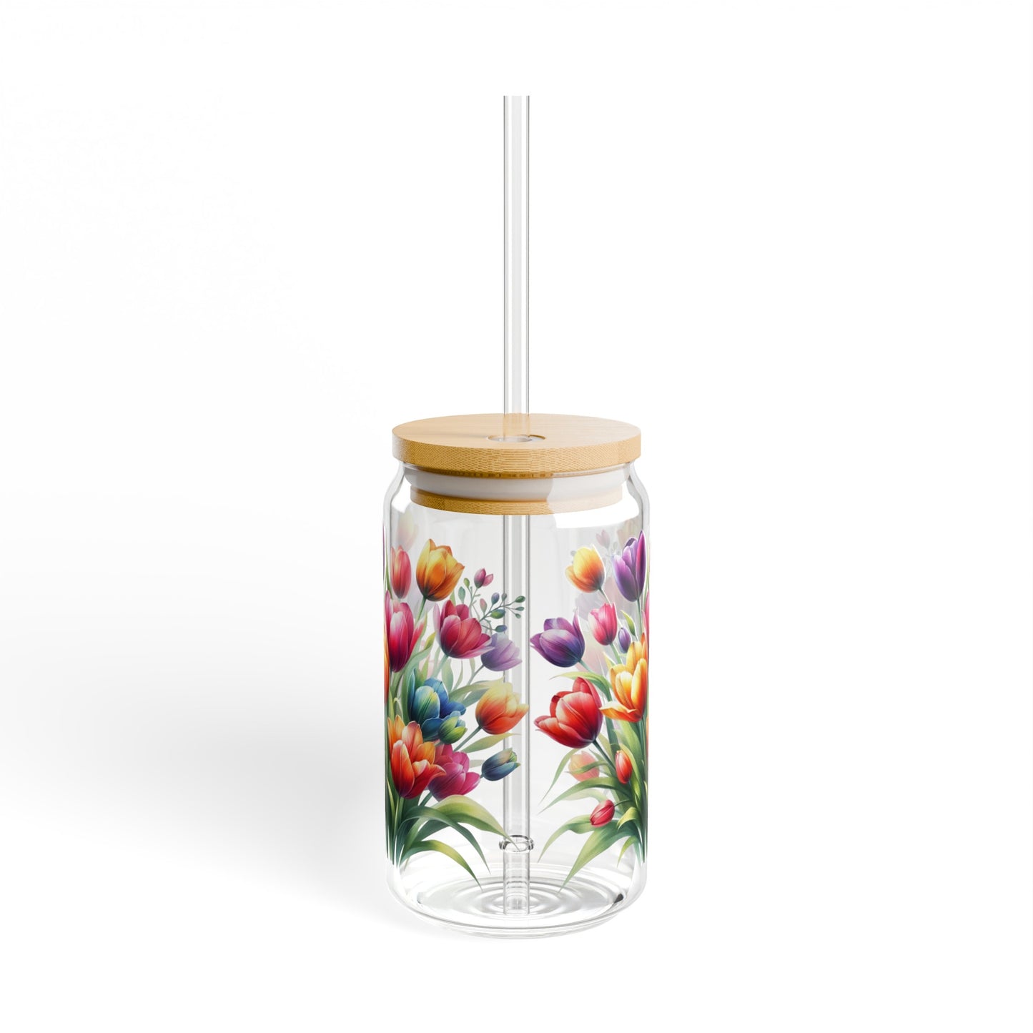 Colorful tulips floral Sipper Glass, 16oz, flower drinking glass, cocktail glass, coffee cup, iced coffee glass