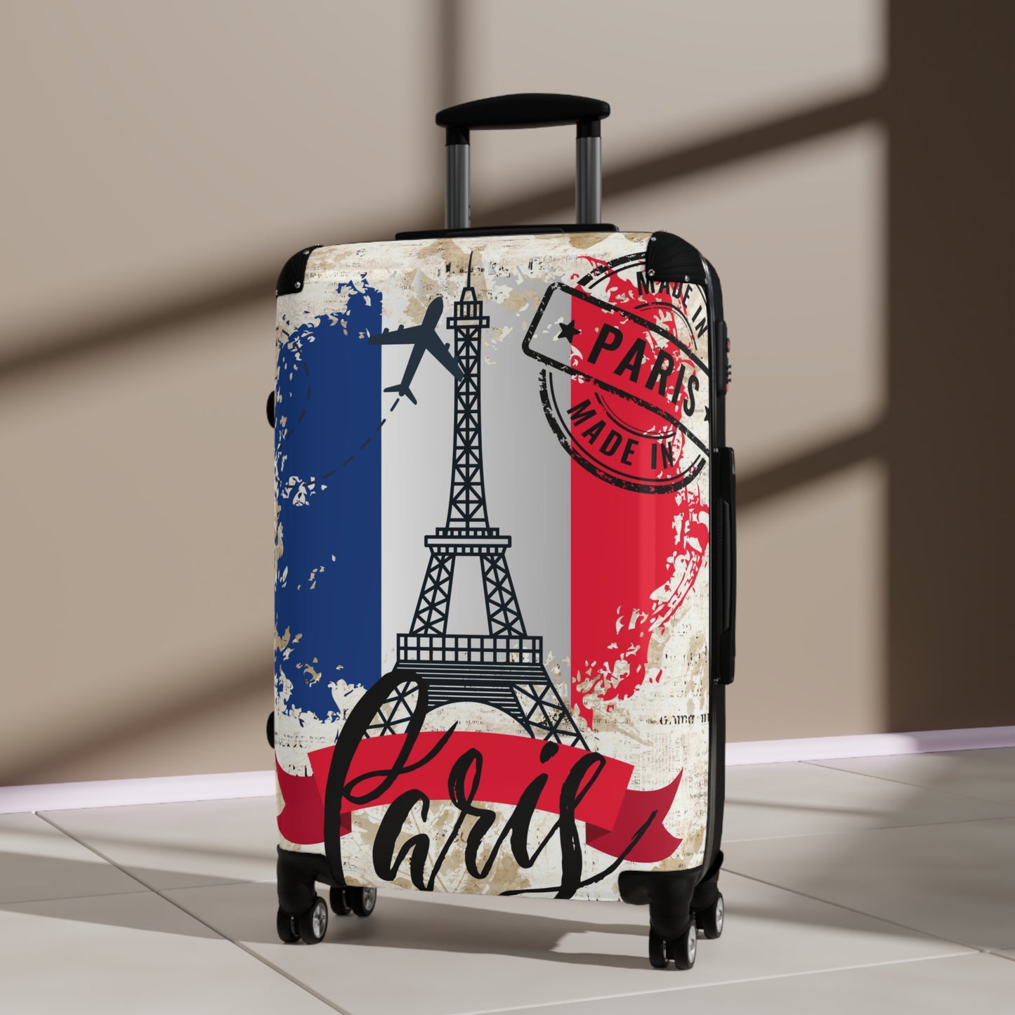 Made in Paris suitcase on wheels,  holiday in France, roller case, secure lockable carry on bags, hard shell travel suitcase