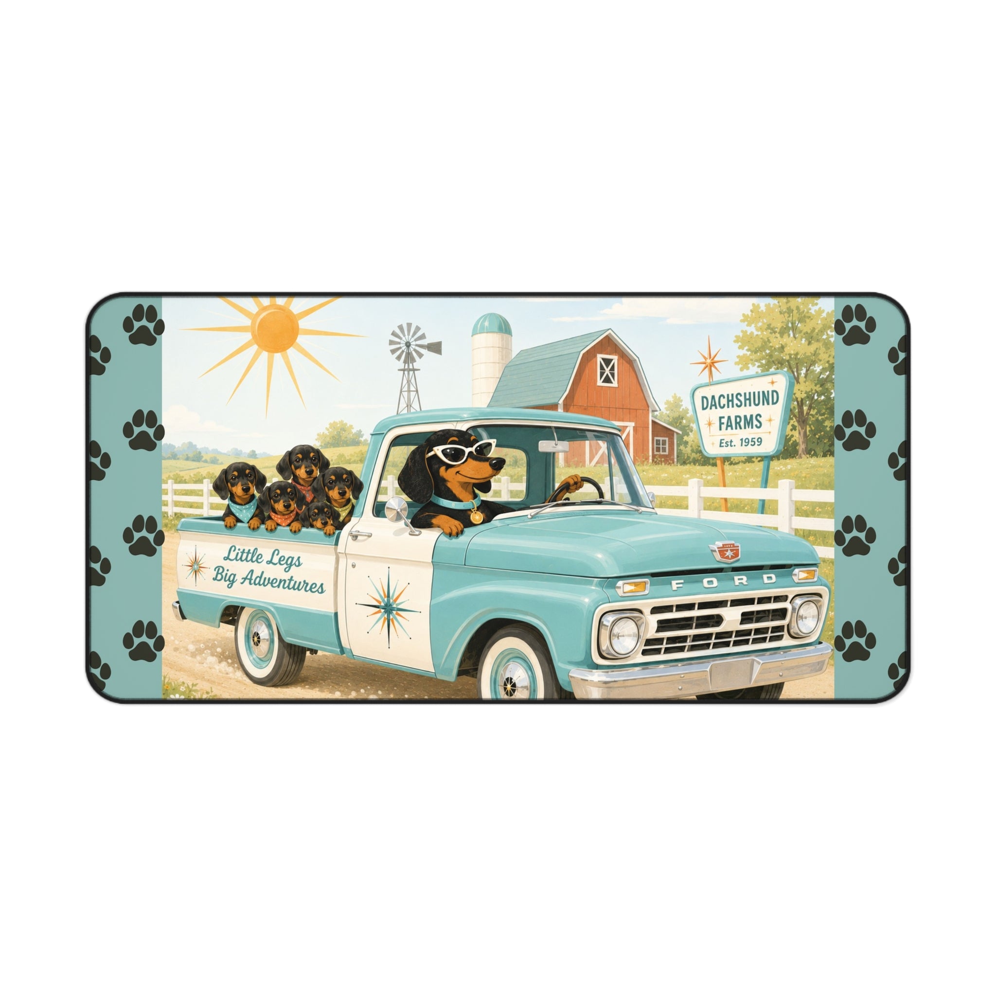 MCM Dachshund Farm Truck Desk Mat | Retro Puppy Road Trip Mouse Pad