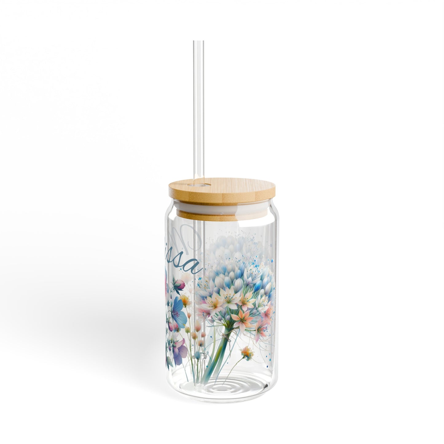 Personalized floral name Sipper Glass, 16oz, wildflowers glass, cute coffee cup, iced coffee glass with lid and straw