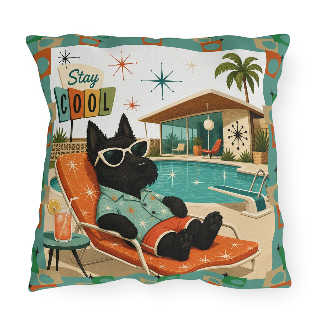 Retro Poolside Scottie Dog Stay Cool Outdoor Pillow | Mid Century Modern