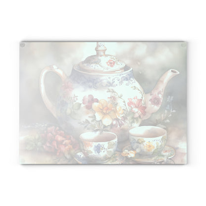 Vintage Charm Glass Cutting Board with Tea Pot and Floral Design